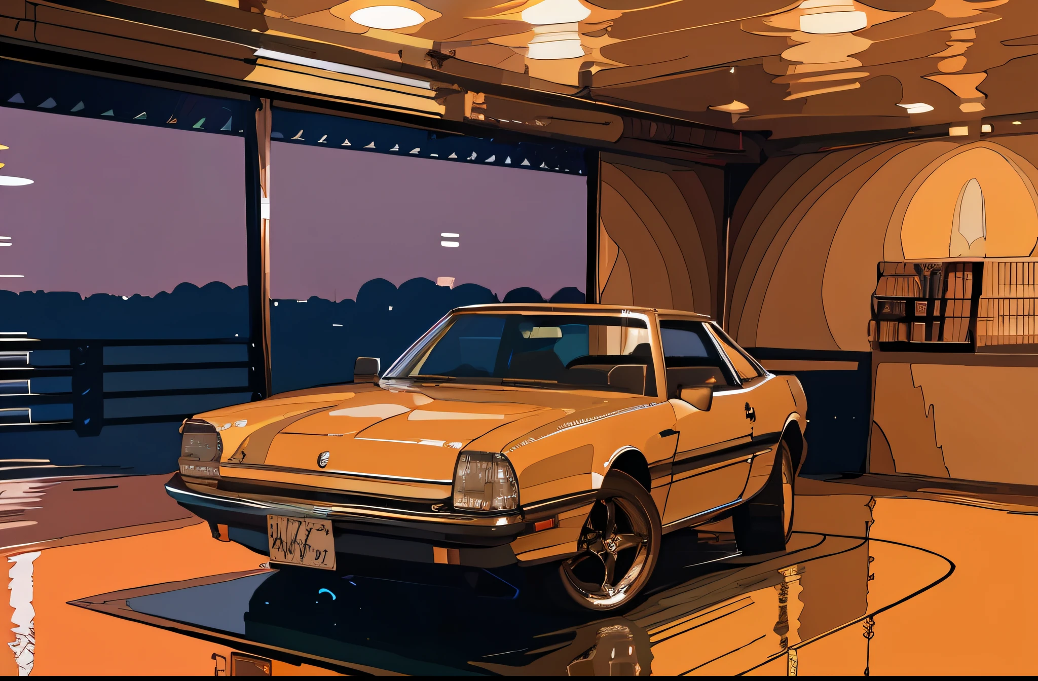 (masterpiece,best quality:1),official art,extremely detailed CG unity 8k wallpaper,illustration, light,car, bright, motor vehicle, ground vehicle, sports car, vehicle focus, wet, indoors, night, flat light,garage, auto shop,1990s \(style\),