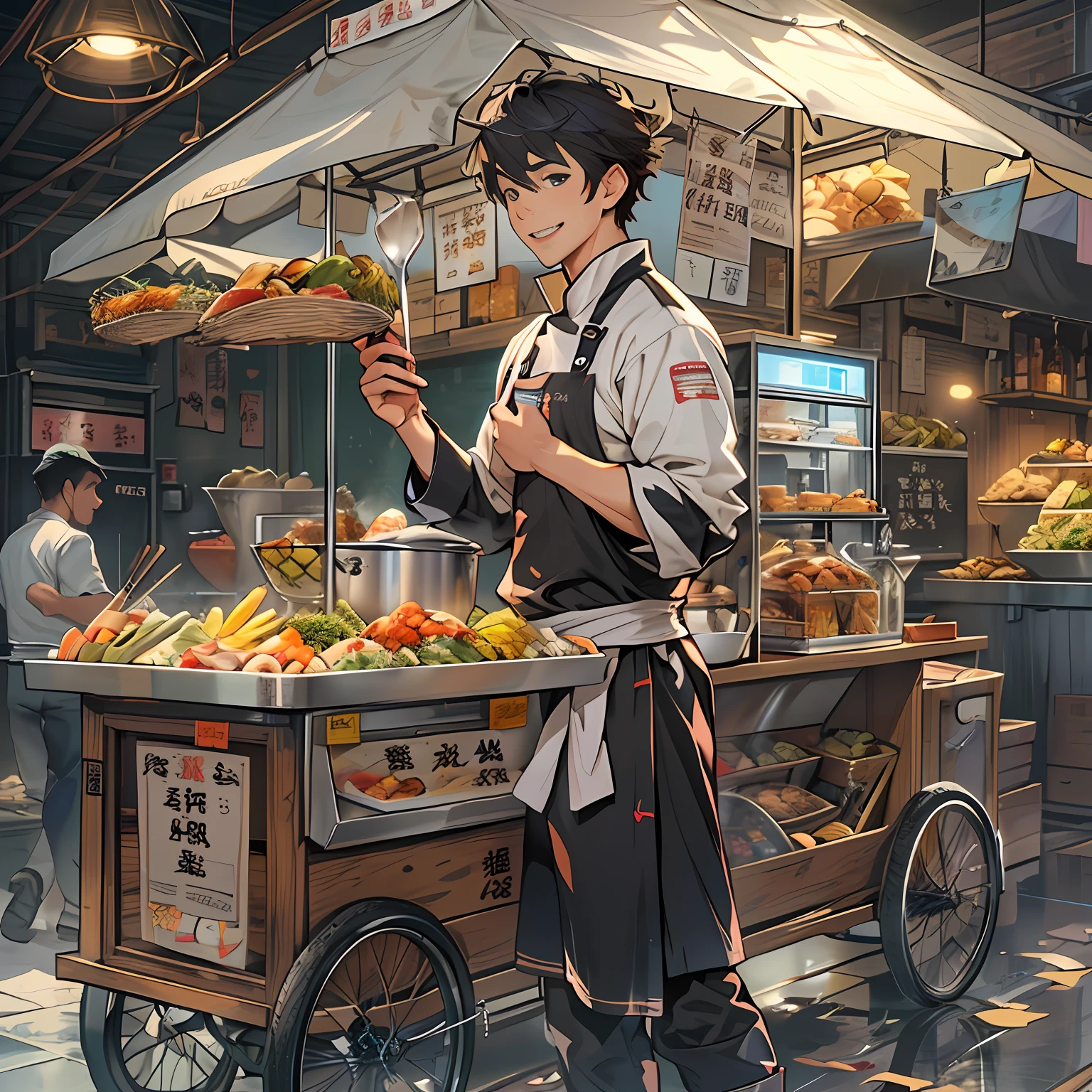 A young handsome male chef stands next to a snack cart,With a smile on his face, he advised,,in the style of the stars art group xing xing, 32K, Best quality, Masterpiece, Super detail, High details