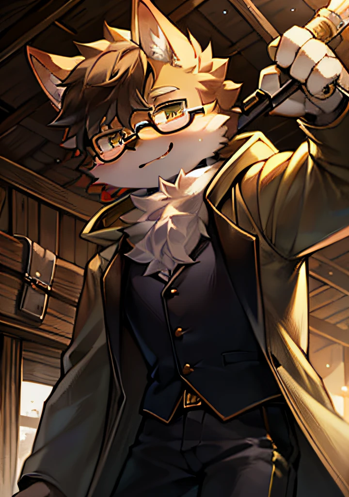 （Bright environment:0.8),eyes with brightness, The upper part of the body, Character focus.(detailedbackground:0.7), adolable，furry men，Young age，The head is on the large side，shaggy male，Sunny and cheerful，wearing black rimmed glasses，wind coat，coyote，（canid，Shota，Normal standing posture）Stable and secure，Gray fur，Chivalry，Long knife in hand，Fighting posture
