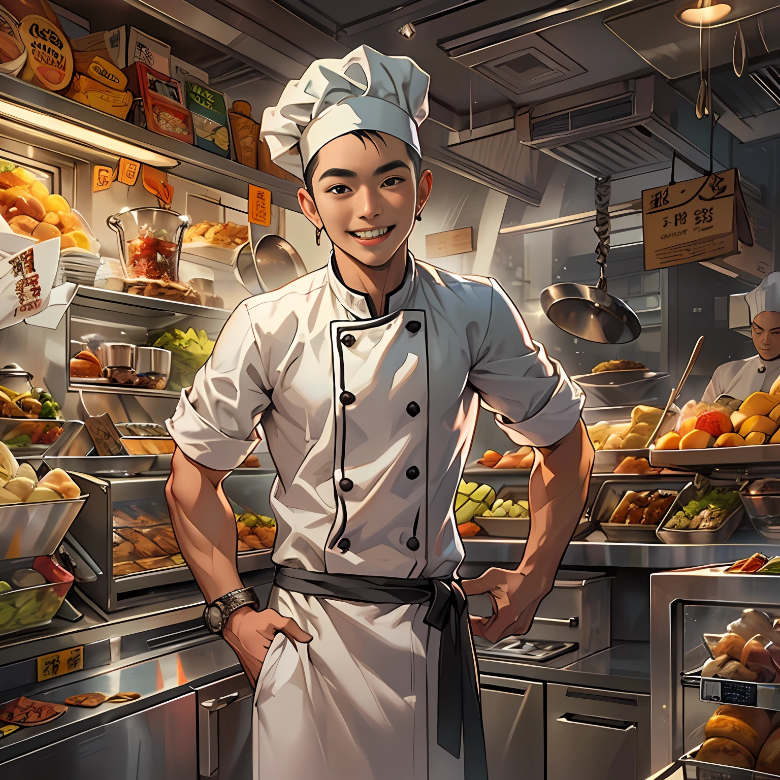 A young handsome male chef stands next to a snack cart,With a smile on his face, he advised,,in the style of the stars art group xing xing, 32K, Best quality, Masterpiece, Super detail, High details