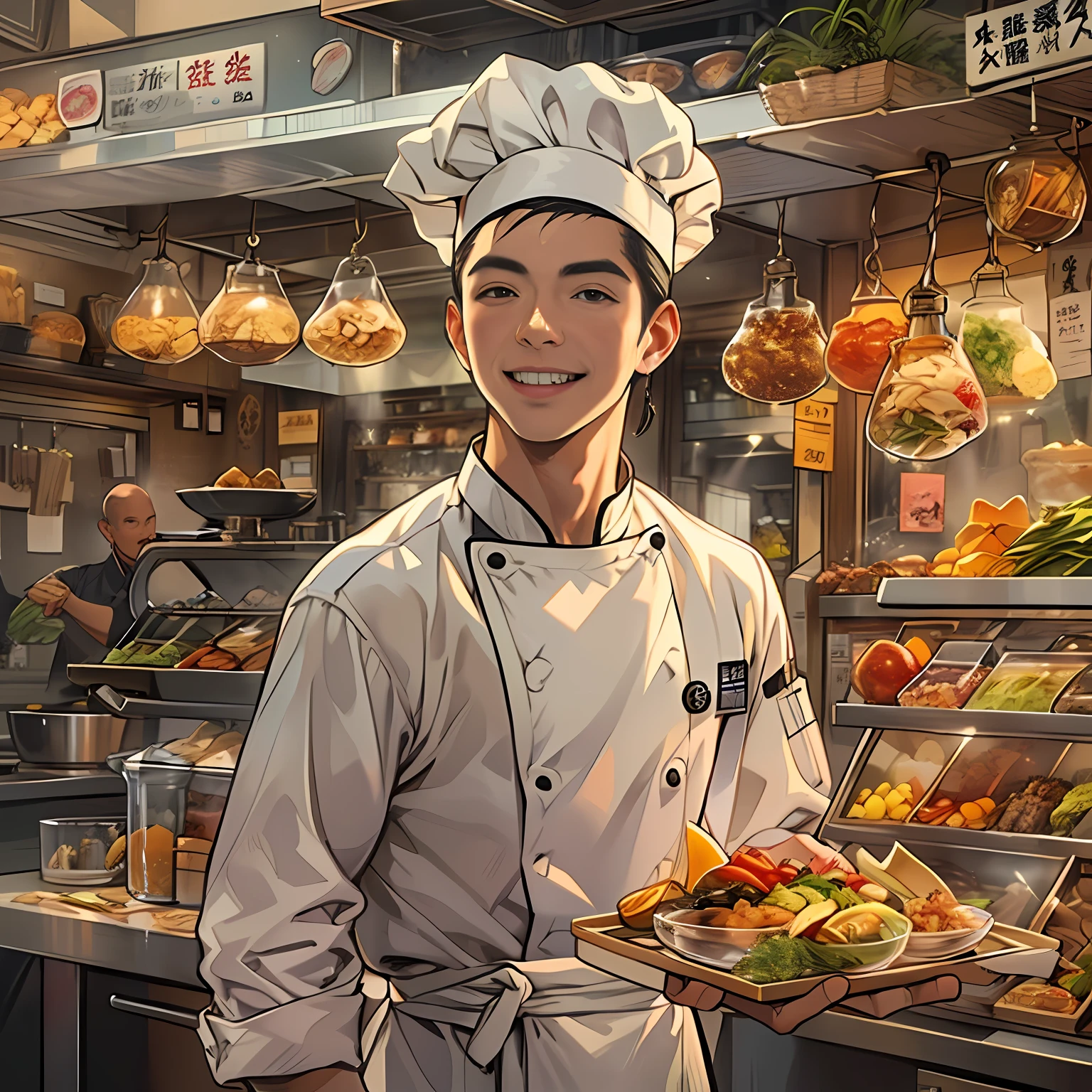 A young handsome male chef stands next to a snack cart,With a smile on his face, he advised,,in the style of the stars art group xing xing, 32K, Best quality, Masterpiece, Super detail, High details