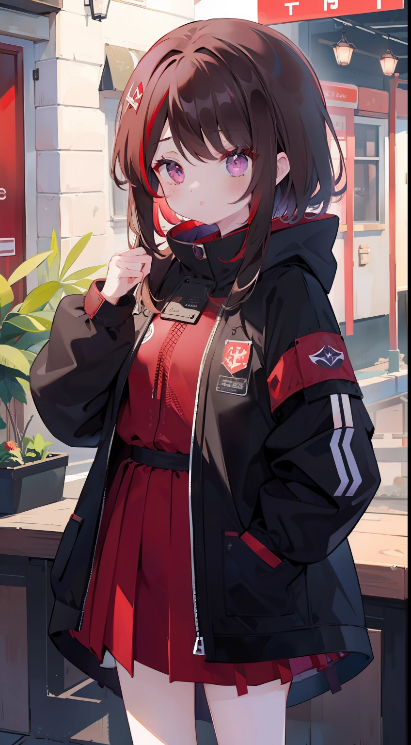 Red mesh、One girl、A dark-haired、parka、skirt by the、straight haired、Red mesh、long、Purple eyes、Beautiful fece、to stand