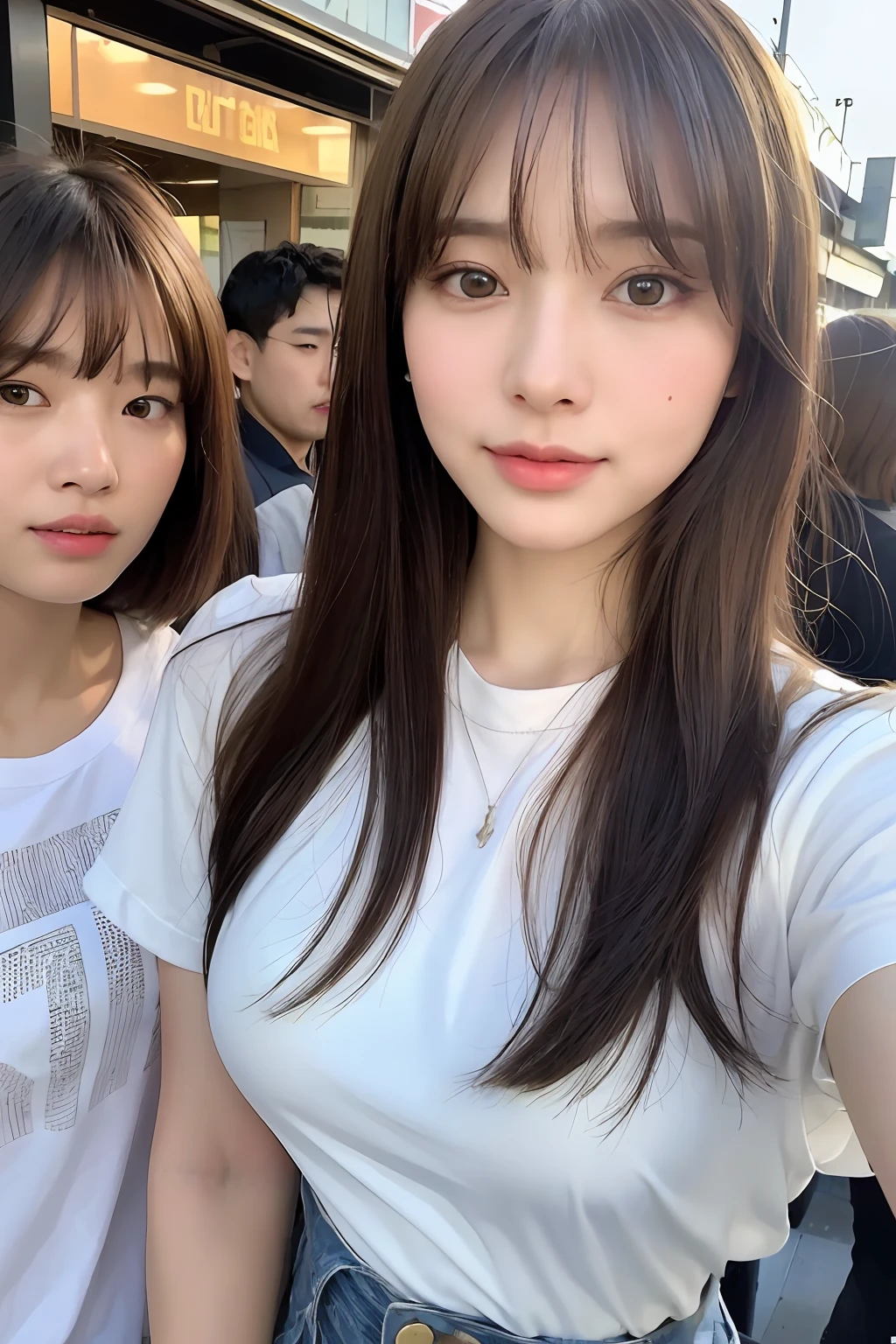 (8k, RAW photos, top quality, masterpiece: 1.2), ultra detailed, super resolution, (real, real photos: 1.37), portraits, high definition RAW color photos, professional photos, very detailed and beautiful, highly detailed, 8k wallpapers, amazing details, huge file size, official art, highly detailed CG Unity 8k wallpapers, highly detailed beautiful girls, highly detailed facesHighly detailed eyes, highly detailed skin, highly detailed fingers, Highly detailed nose, Highly detailed mouth, Perfect anatomy, Highly detailed background, Highly detailed clothing, One Girl, (18:1.2), , cute girl, famous Japan idol, cute, realistic body, petite, white skin, glowing skin, slim body, handsome body, brown hair, medium hair, (blunt bangs:1.2), smile, cute, youthful, pretty face, realistic face, delicate eyes, sagging eyes, white t-shirt, skirt, earrings, camera gaze, cowboy shot, front-facing, standing, contrapost, high street, public, crowd, dynamic lighting, very big breasts,