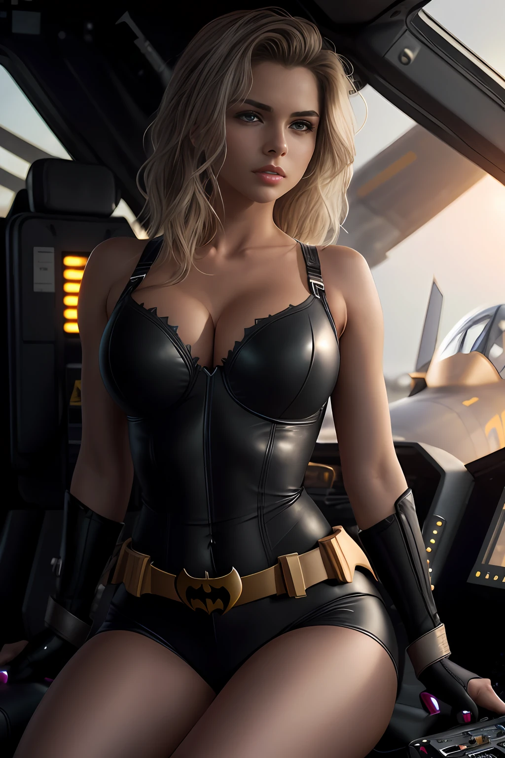 (Extremely detailed 8k wallpaper), bat girl sitting in a futuristic fighter jet cockpit, black futuristic fighter jet cockpit, futuristic fighter jet cockpit:1.3, batgirl:1.2, confident, many switches and lights, long hair, bra, sexy top, short top:1.2, calm, modern futuristic clothing, complex, highly detailed, and dramatic, cinematic lighting, bright scene, cameltoe:1.0, thigh gap, soft lights, large breasts:1.4, nsfw:1.4, fit girl, lean girl, dark gray tight leather clothes, cleavage, bellybutton, batman logo:1.2