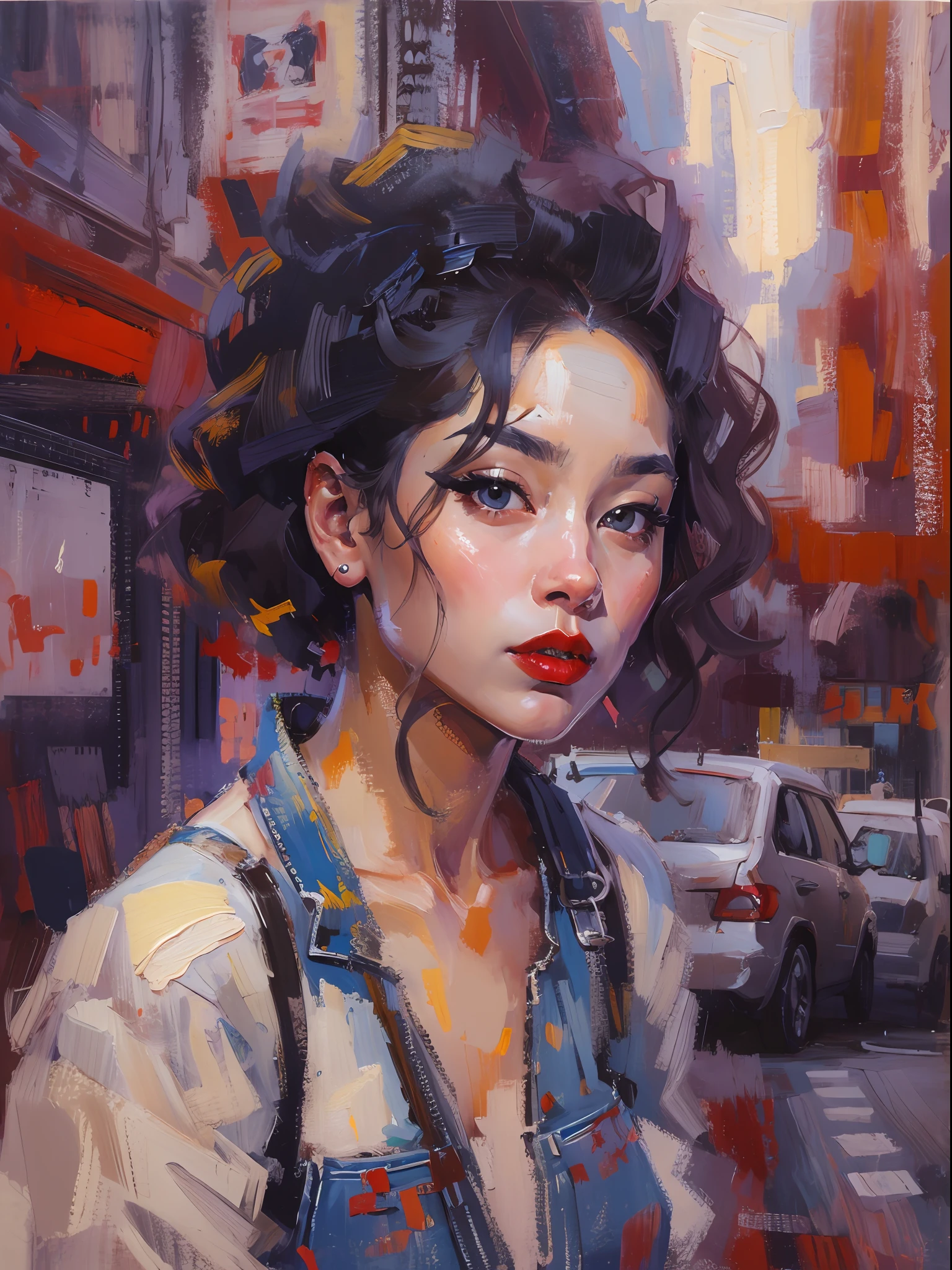 The beauty of a modern Asian city，Denim suspenders，cabelos preto e longos，curlies，Sexy and seductive red lips，portraitures，oil painted，inks，acrycle painting，tmasterpiece，Renaissance style，best qualtiy，A high resolution，super-fine，Eyes detailed，Face detailed，hair detail，Accurate，Close-up of clear eye focus