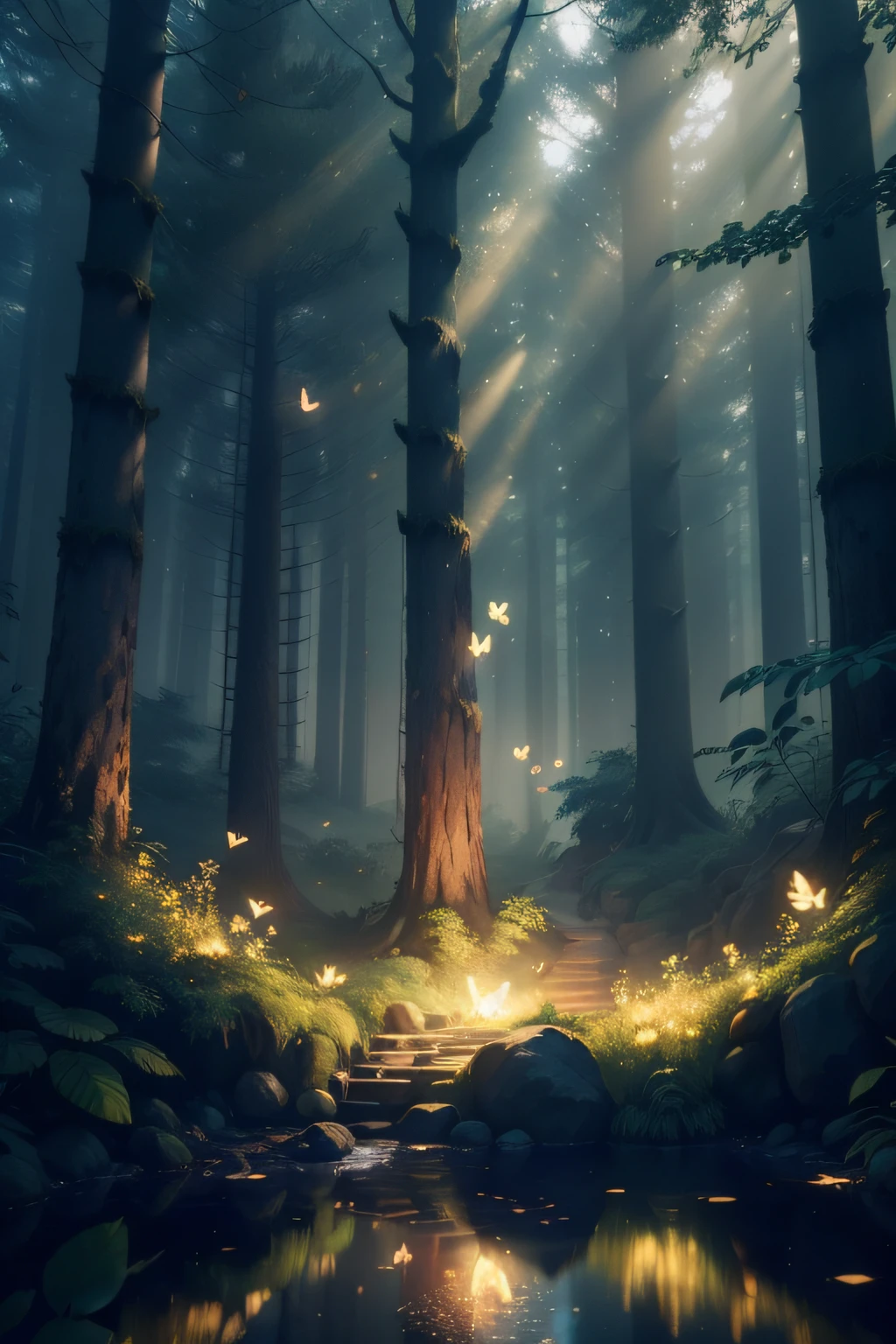 A masterpiece, the best quality, stunning reflections, the best reflections ever. (very detailed CG unity 8k wallpapers), (best quality), (best illustrations), (best shadows), forest theme with natural elements. Tall trees, quiet streams, small glowing mushrooms surrounded by delicate leaves and branches, with fireflies and glowing particle effects,, (natural elements), (jungle theme), (leaves), (twigs), (fireflies), butterflies, (delicate leaves), (glow), (particle effects). , Isometric 3D, Octane Rendering, Ray Traced, Super Detailed