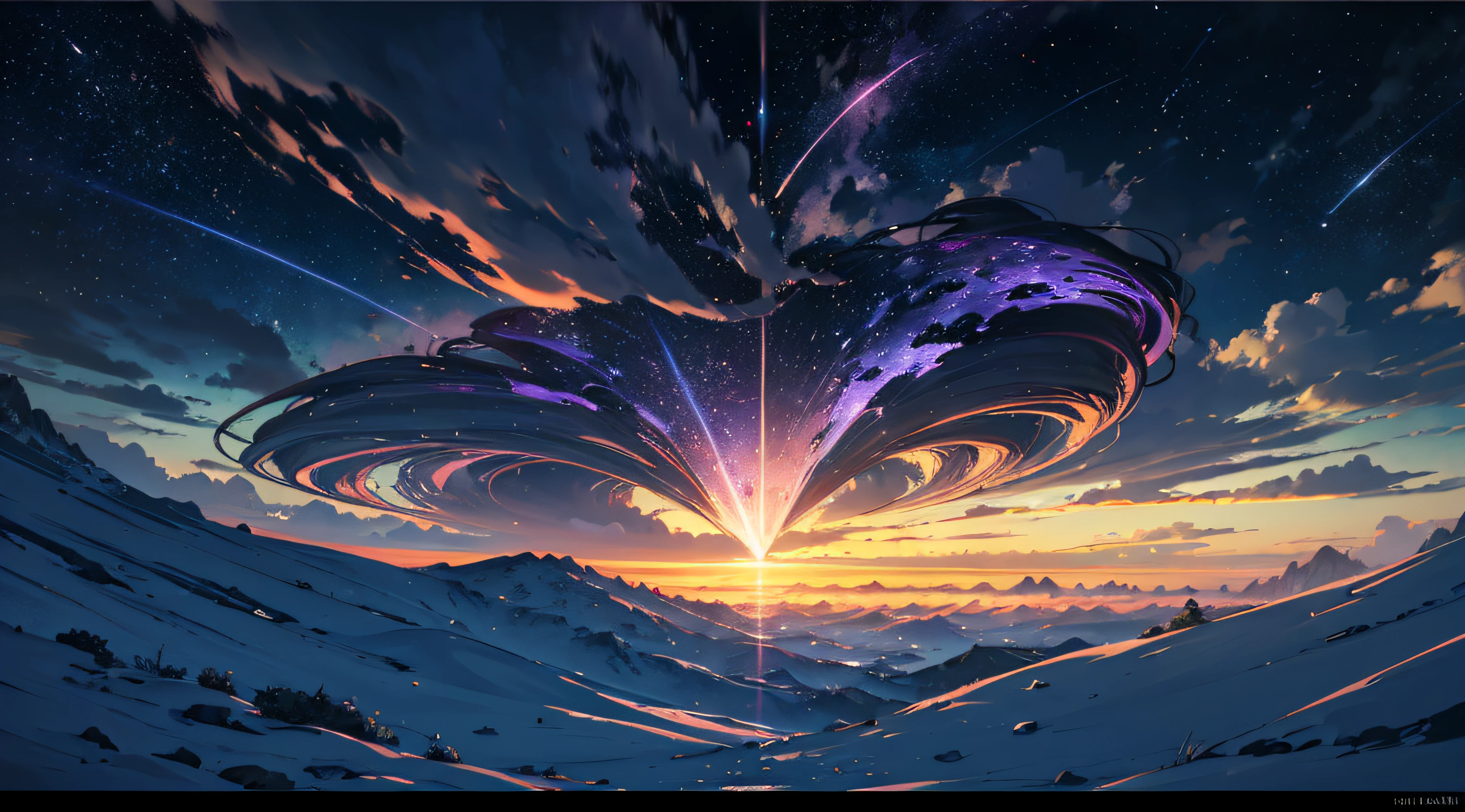 Expansive landscape photograph,(moon full:1.2),(meteors:0.9),(Starcloud:1.3),(Warm light source:1.2),(glowworm:1.2),lamp lights,Lots of purple and orange,Complicated details,Volumetriclighting,Realism BREAK(tmasterpiece:1.2),(best qualtiy),8K,Ultra-detailed,(dynamic compositions:1.4),The is very detailed,Colorful details,(Irridescent color:1.2),(luminouslighting,Atmospheric lighting),dream magical,magical,(独奏:1.2),((best qualtiy)), ((tmasterpiece)), (the detail:1.4),depth of fields,maximum definition and sharpness,perfectly proportions,Fluttering clouds,Wallpapers