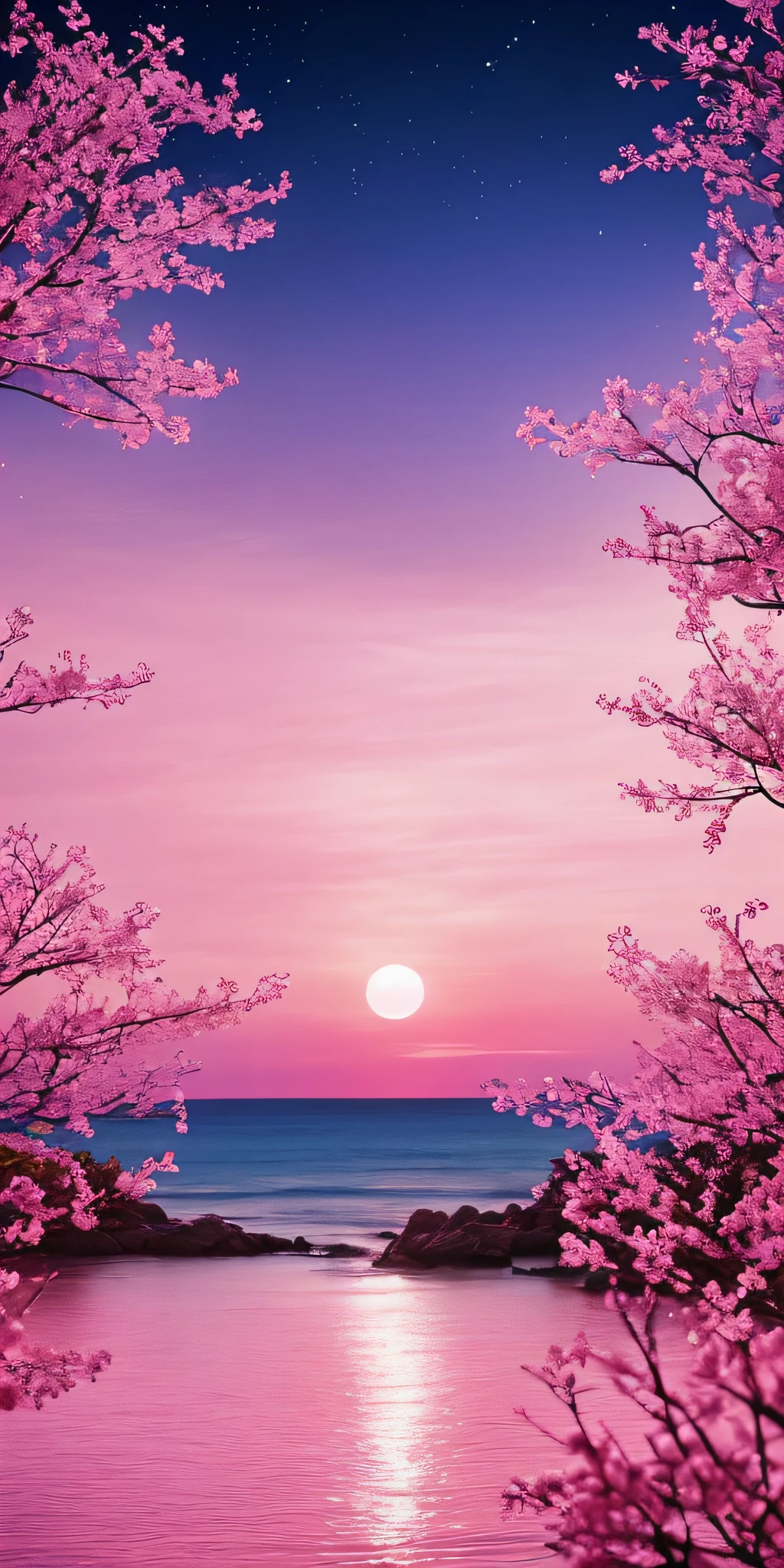 Pink moon, pink sky, soft pink clouds, pink ocean waves sparkling, sparkling, pink roses on pink ocean, fantasy, diamond, crown, universe, soft lights,