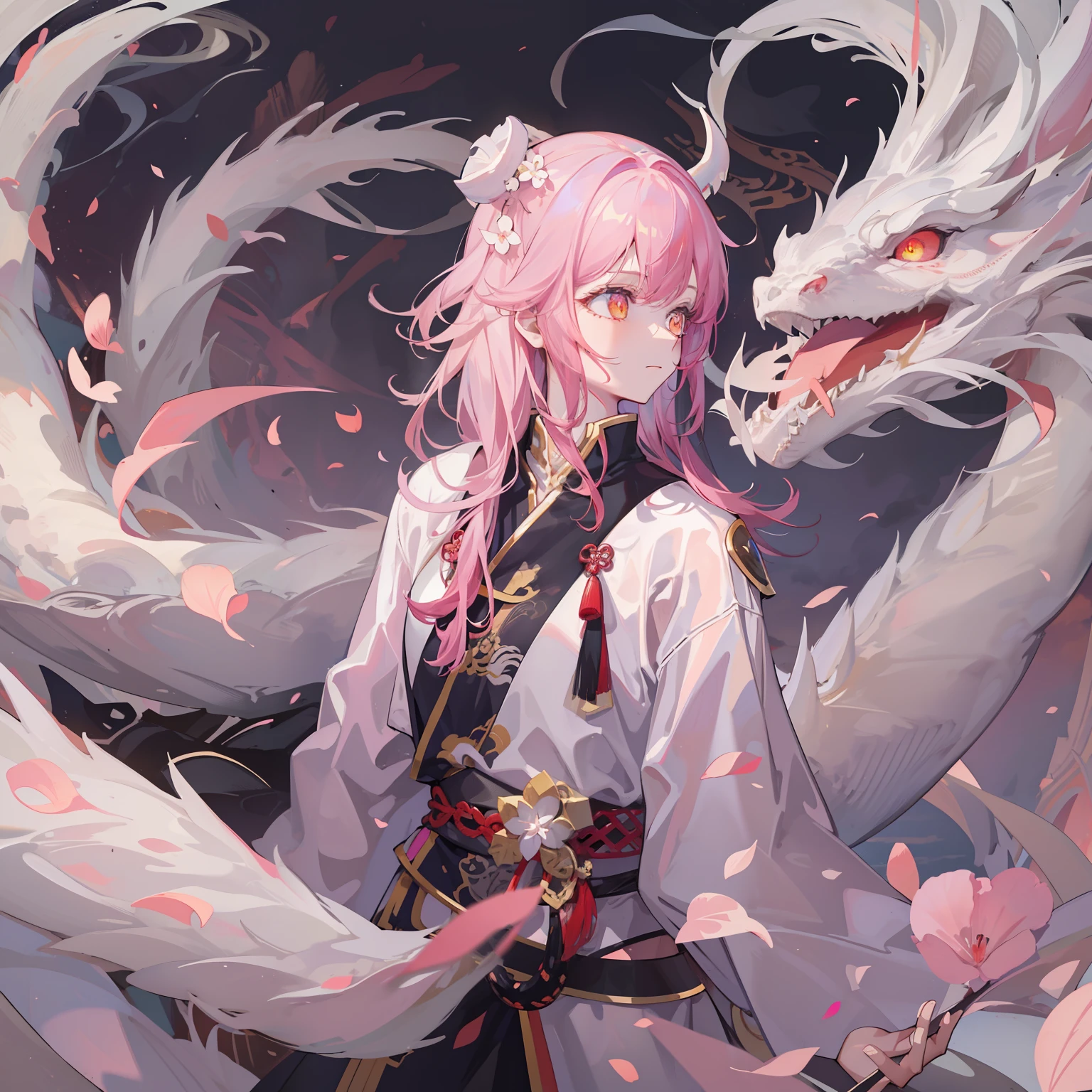tmasterpiece,Best quality at best,A girl with pink hair,Pale yellow glowing eyes,Hold the token in your left hand,Behind him was a long sword,She has white dragon horns on her head,White dragon tail,surrounded by cloud,Black national trend clothing,China-style,lamplight,Brighter,Cold