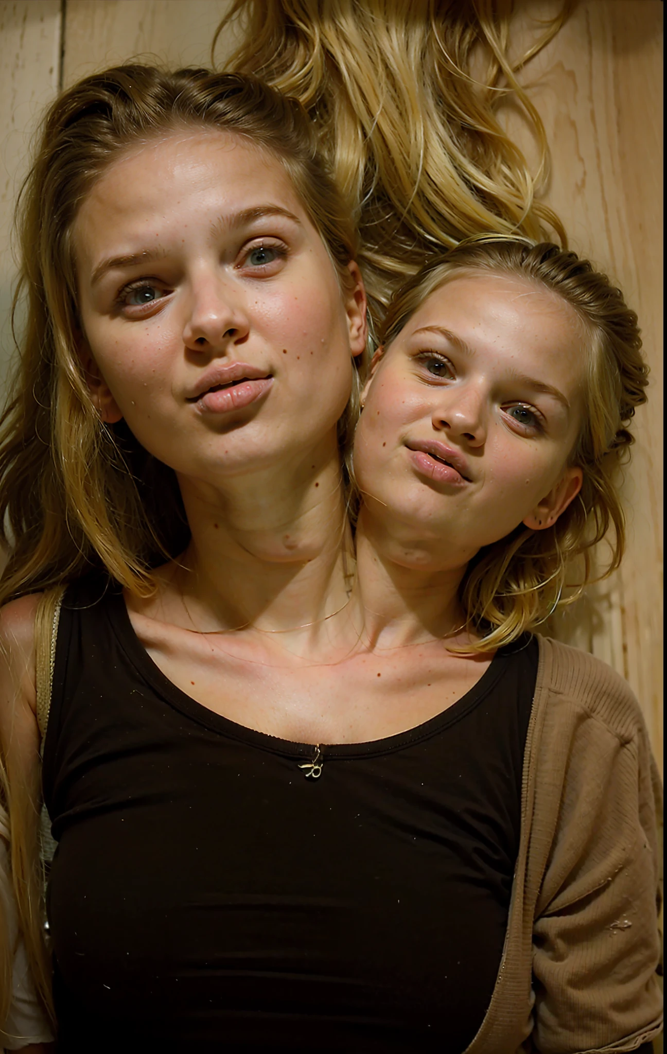 2heads, two headed girl, (9 year old girl:1.5), (female:1.5), (blonde:1.5), (two heads attached to one body:1.4), conjoined twins, heads side by side, one torso, young, arguing, barefoot