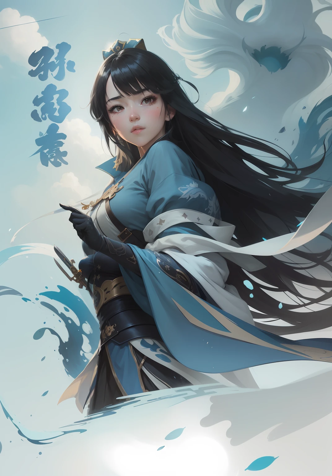 anime girl with long black hair and blue dress holding a sword, by Yang J, Beautiful character painting, Artgerm and Atey Ghailan, Guviz-style artwork, Artgerm and Ruan Jia, Art germ. anime illustration, author:ruanjia、stanely artgerm, Extremely detailed Artgerm, G Liulian art style