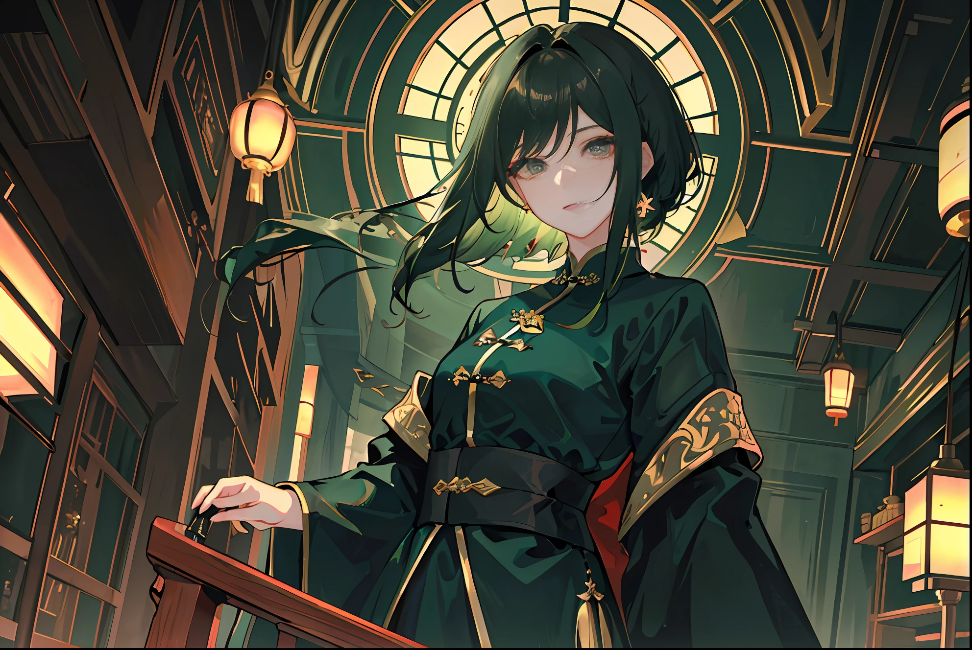 (Masterpiece, side-lighting, Ultra-detailed, fine detailed beautiful eyes: 1.2), 1girll，nightcity，Sateen，Dark green hair，short detailed hair，Black eyes，Chinese outfit，eye glass,Indifferent expression，