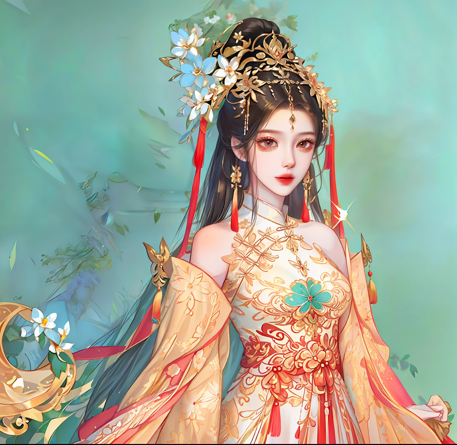 1girll,Upper body,fashi-girl,china dress,Chinese clothes,hair flower,(Masterpiece:1.4),(Best quality:1.4),(Shiny skin)