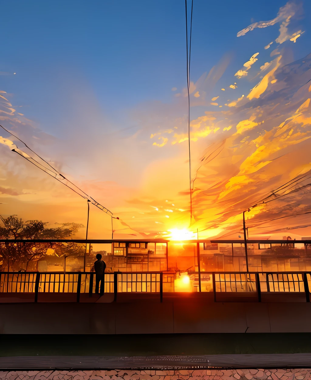 Sunset in a city，Trains pass by，A person stands on the platform, golden hour in beijing, sunsettime, Colorful sunset!!, ((Sunset)), it is sunset, In the evening, With sunset, vibrant sky, sunset kanagawa prefecture, Sunset in background, Sunset photo, taken at golden hour, The most beautiful sunset, Sunset!!!