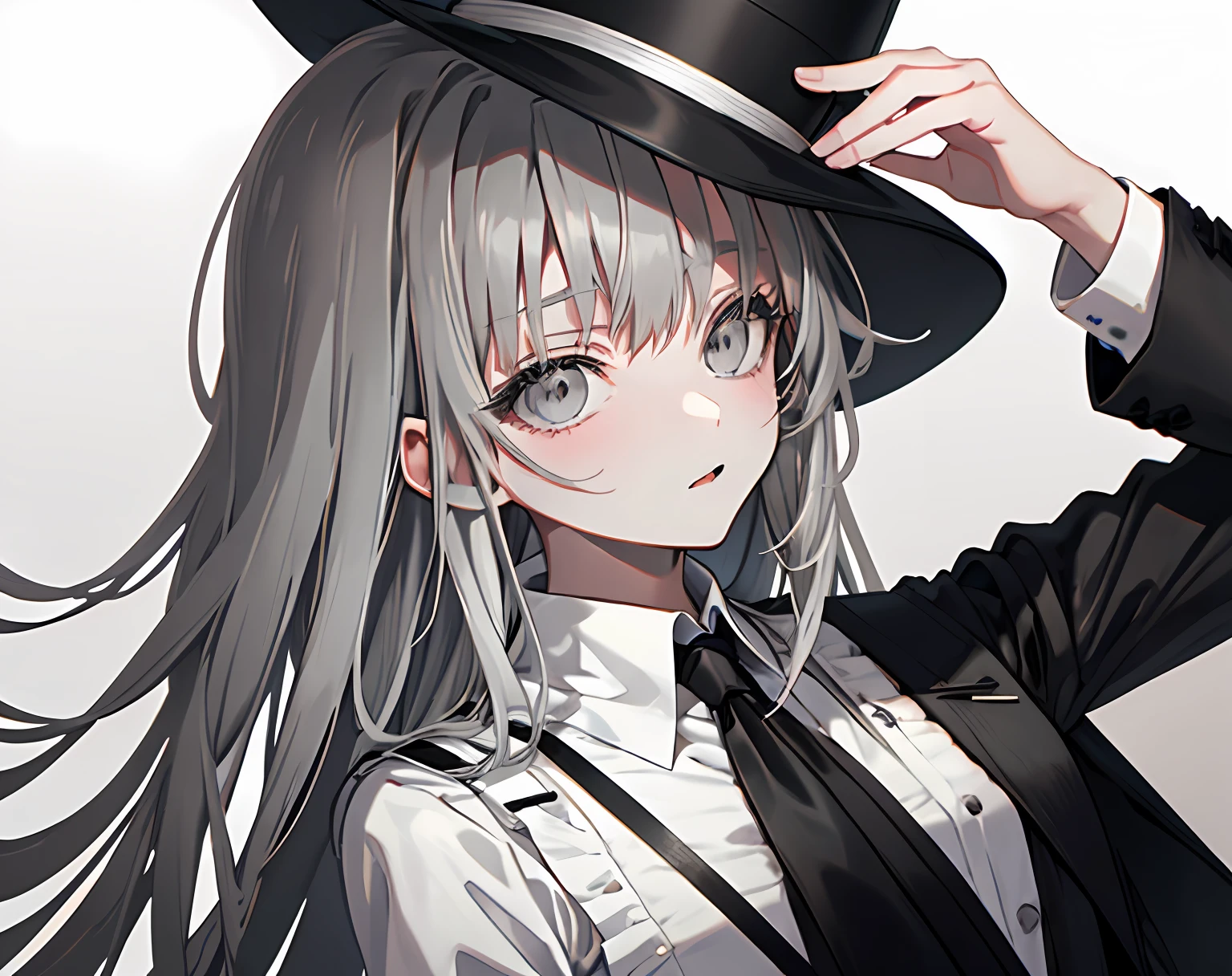 【Highest Quality, masutepiece】 [girl, Manteau, expressioness, Gray eyes, front facing, long hair, suits, Upper body] (Gray white background:1.7), black necktie, silk hat, sexy face, beautiful eyes