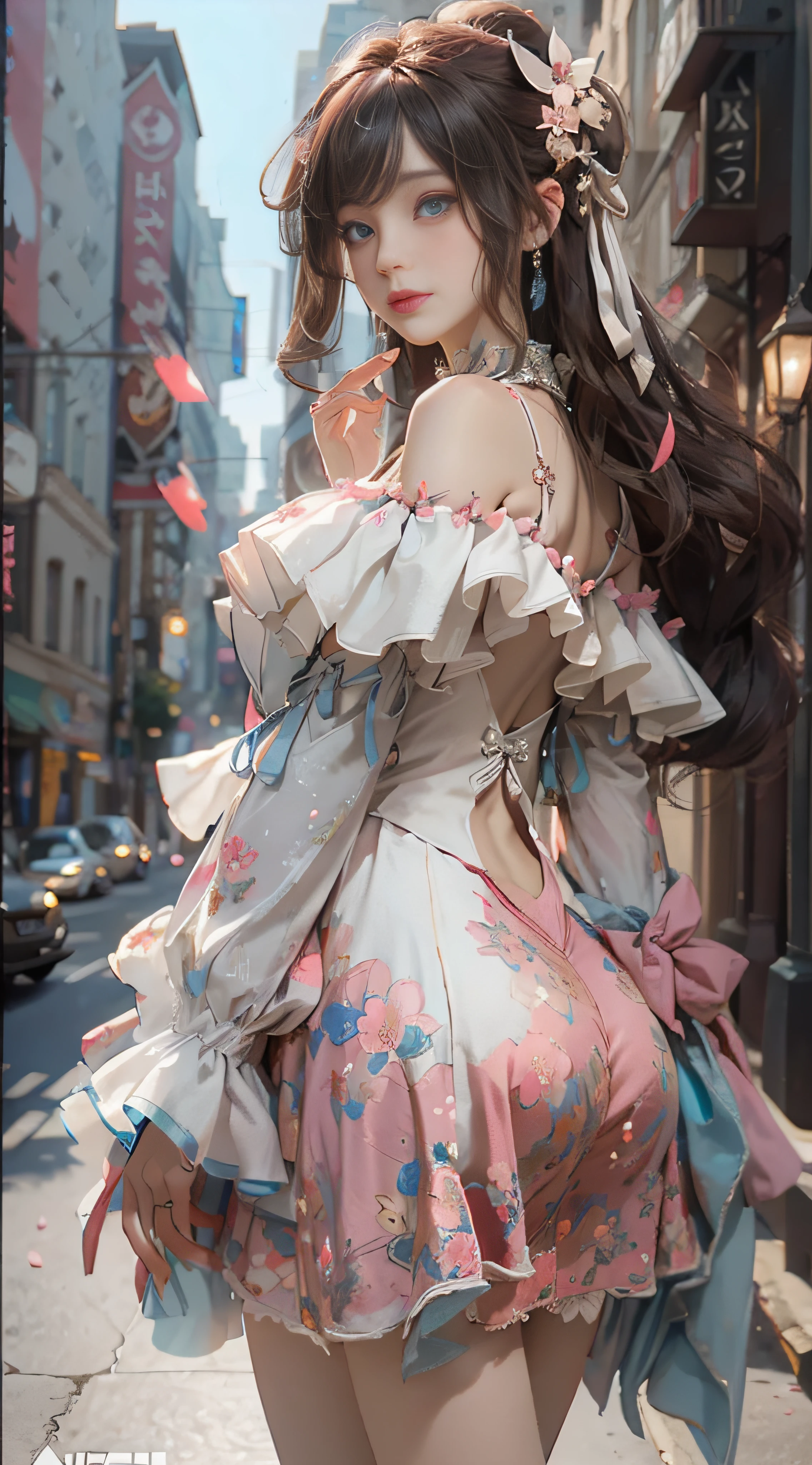 ((best qualtiy)), ((tmasterpiece)), (detail:1.4), Beautiful cyberpunk female images,hdr(HighDynamicRange),Ray traching,NVIDIA RTX,Hyper-Resolution,illusory 5,sub surface scattering,PBR textures,post-proces,Anisotropy Filtering,depth of fields,maximum definition and sharpness,Many-Layer Textures,Albedo e mapas Speculares,Surface coloring,Mitsu-Accurate simulation of material interactions,perfectly proportioned,rendering by octane,Two-colored light,largeaperture,Low ISO,White balance,Rule three points、8K raw data、Beautiful bright blue pupils,off-the-shoulder clothes,Fine pupils,Delicate face and eyes,long eyelasher,Blushlush,Delicate and fluffy hair,pink lip,Pure,Cute face,Sweet girl,Artistic sense,Casual wear,Advancedsense,butterflys,Cherry blossom petal,Beautiful hair accessories,Long hair and waist,Hair fluttering in the wind,Snow-white fox ears,curlies,Snow-white fluffy tail,Positive light,The light from the back window is backlighted