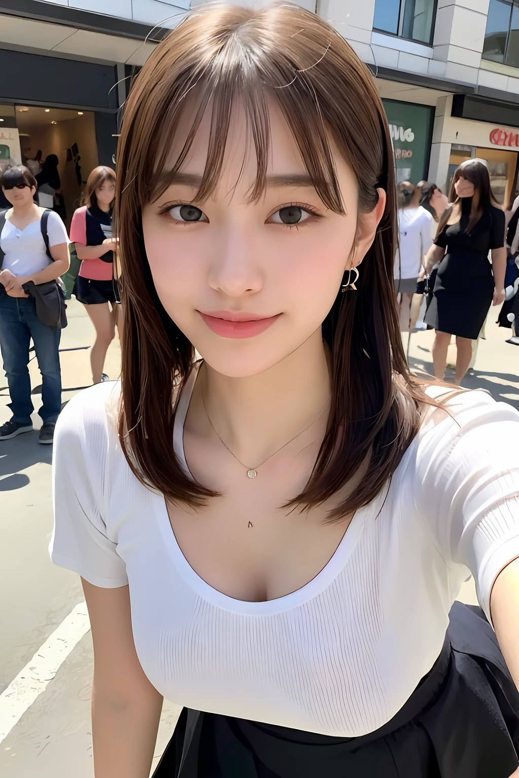 (8k, RAW photos, top quality, masterpiece: 1.2), ultra detailed, super resolution, (real, real photos: 1.37), portraits, high definition RAW color photos, professional photos, very detailed and beautiful, highly detailed, 8k wallpapers, amazing details, huge file size, official art, highly detailed CG Unity 8k wallpapers, highly detailed beautiful girls, highly detailed facesHighly detailed eyes, highly detailed skin, highly detailed fingers, Highly detailed nose, Highly detailed mouth, Perfect ???????, Highly detailed background, Highly detailed clothing, One Girl, (18:1.2), teen, cute girl, famous Japan idol, cute, realistic body, petite, white skin, glowing skin, slim body, handsome body, brown hair, medium hair, (blunt bangs:1.2), smile, cute, youthful, pretty face, realistic face, delicate eyes, sagging eyes, white t-shirt, skirt, earrings, camera gaze, cowboy shot, front-facing, standing, contrapost, high street, public, crowd, dynamic lighting, very big breasts,