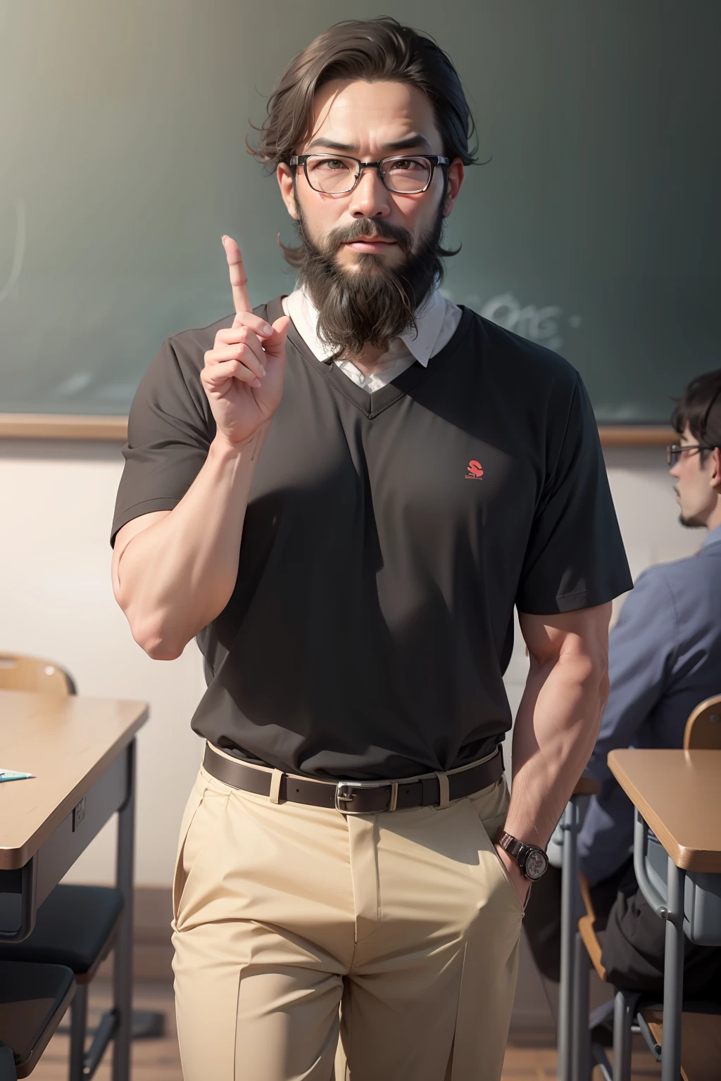 Class, teacher, lecture, teaching, confusion, optimism, Kailang, middle-aged, uncle, glasses, beard
