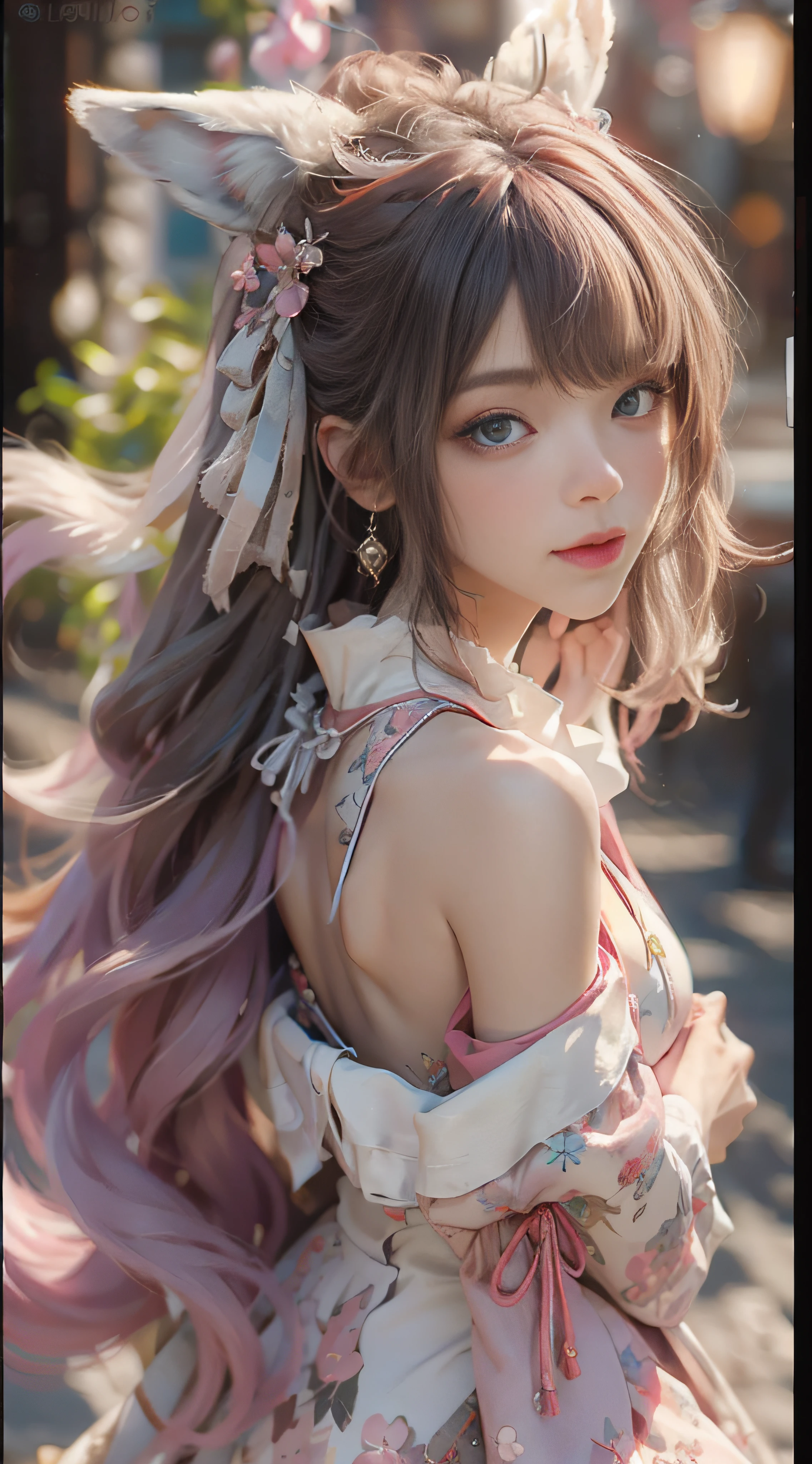 （（best qualtiy））， （（tmasterpiece））， （detail：1.4）， Beautiful cyberpunk female images，hdr（HighDynamicRange），Ray traching，NVIDIA RTX，Hyper-Resolution，illusory 5，sub surface scattering，PBR textures，post-proces，Anisotropy Filtering，depth of fields，maximum definition and sharpness，Many-Layer Textures，Albedo e mapas Speculares，Surface coloring，Mitsu-Accurate simulation of material interactions，perfectly proportioned，rendering by octane，Two-colored light，largeaperture，Low ISO，White balance，Rule three points、8K raw data、Beautiful bright blue pupils，off-the-shoulder clothes，Fine pupils，Delicate face and eyes，long eyelasher，Blushlush，Delicate and fluffy hair，pink lip，Pure，Cute face，Sweet girl，Artistic sense，Casual wear，Advancedsense，butterflys，Cherry blossom petal，Beautiful hair accessories，Long hair and waist，Hair fluttering in the wind，Snow-white fox ears，curlies，Snow-white fluffy tail，Positive light，The light from the back window is backlighted