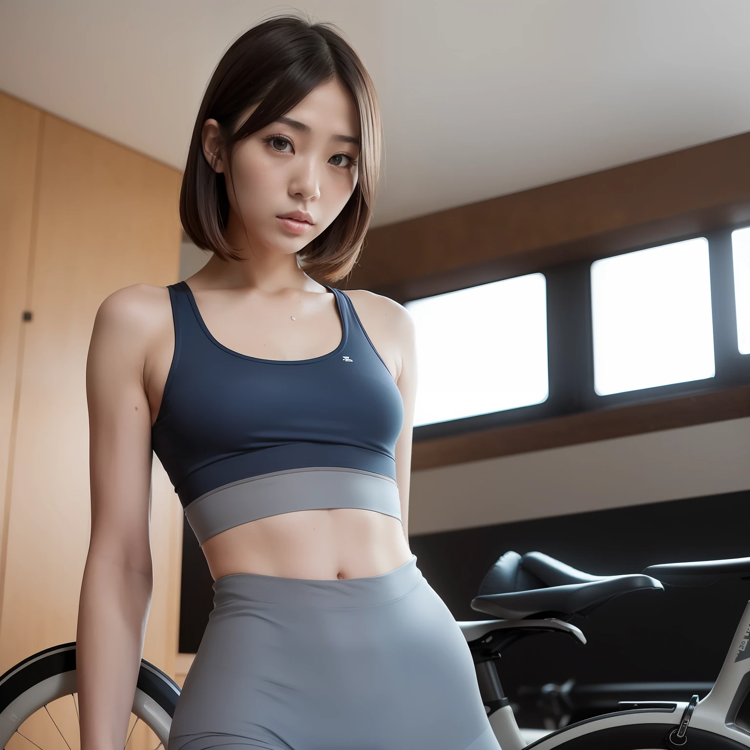(Solo), (a detailed full-body RAW photo of a girl), (masutepiece:1.0), (Best Quality:1.4), (超A high resolution:1.2), (Photorealistic:1.4), 8K resolution, Canon EOS R5, 50 millimeters, absurderes, ultra-detailliert, (40 year old), Cinematic lighting, Detailed beautiful face, (no-makeup:1.2), (ulzzang -6500-v1.1), petite figure, Detailed skin texture, (flat chest:1.4), (skinny and fit body:1.6), Detailed brown hair,  sweltering,(Very short hair:1.5), See Through wear, (blue and gray thin sports bra and bike tights:1.5), More transparent, low rise, realistic glistening skin, Detailed texture, Cameltoe, well-developed abs, erect nipples, wet wear, (satomi ishihara), stylish porse,