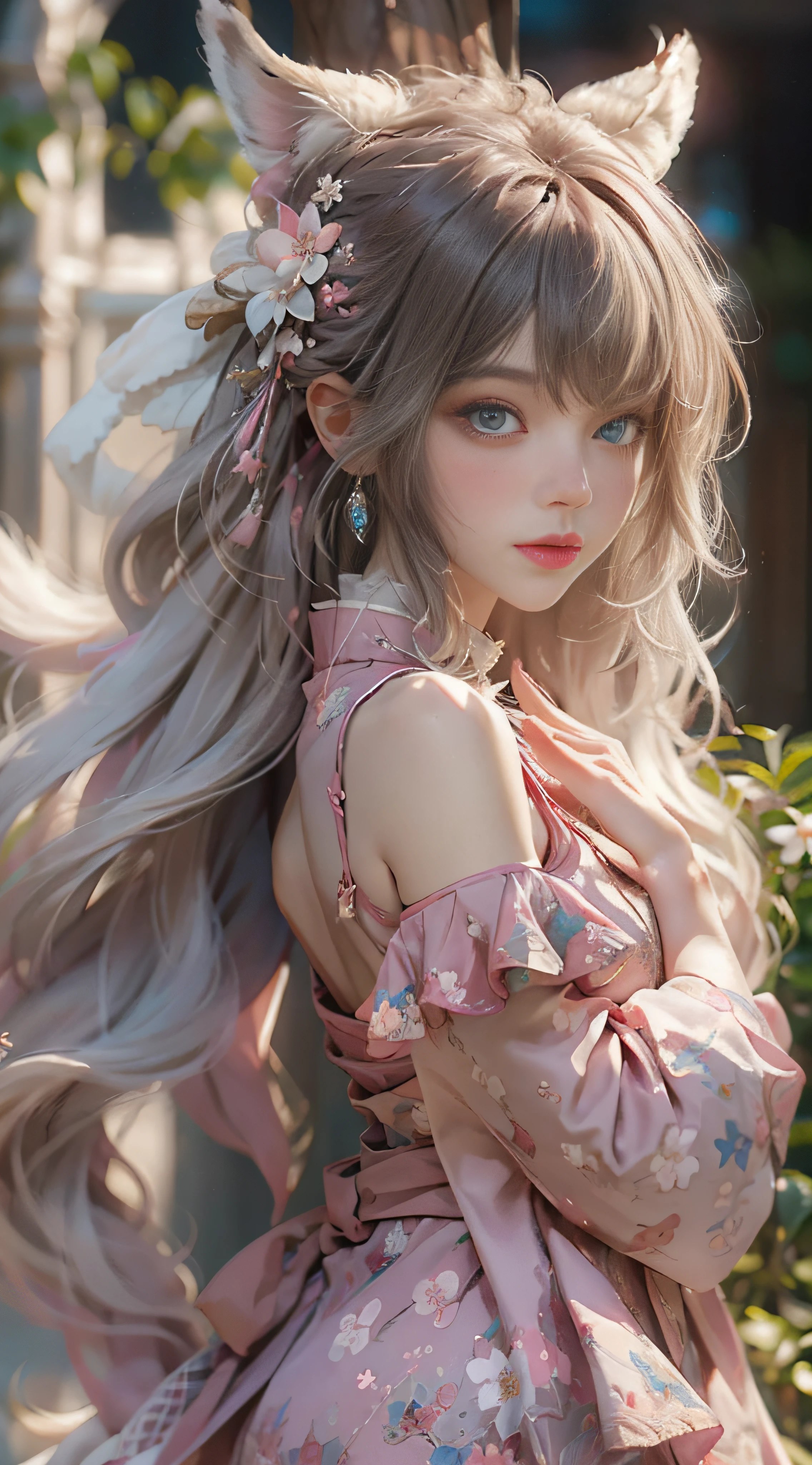 （（best qualtiy））， （（tmasterpiece））， （detail：1.4）， Beautiful cyberpunk female images，hdr（HighDynamicRange），Ray traching，NVIDIA RTX，Hyper-Resolution，illusory 5，sub surface scattering，PBR textures，post-proces，Anisotropy Filtering，depth of fields，maximum definition and sharpness，Many-Layer Textures，Albedo e mapas Speculares，Surface coloring，Mitsu-Accurate simulation of material interactions，perfectly proportioned，rendering by octane，Two-colored light，largeaperture，Low ISO，White balance，Rule three points、8K raw data、Beautiful bright blue pupils，off-the-shoulder clothes，Fine pupils，Delicate face and eyes，long eyelasher，Blushlush，Delicate and fluffy hair，pink lip，Pure，Cute face，Sweet girl，Artistic sense，Casual wear，Advancedsense，butterflys，Cherry blossom petal，Beautiful hair accessories，Long hair and waist，Hair fluttering in the wind，Snow-white fox ears，curlies，Snow-white fluffy tail，Positive light，The light from the back window is backlighted
