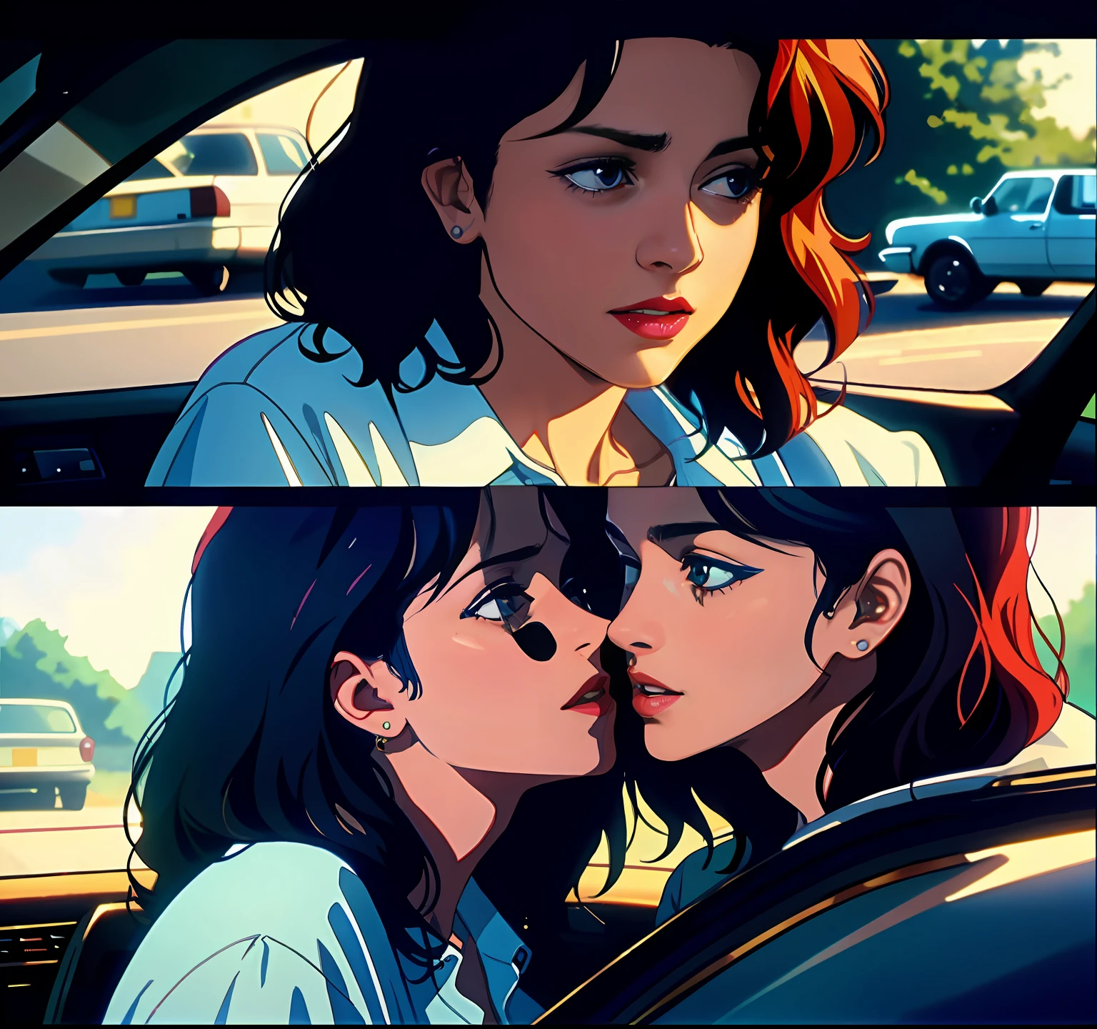 a close up of a woman kissing a woman in a car, still from a terence malik film, shot from movie, screenshot from a movie, still shot from movie, still from a movie, still from the movie, still from movie, still frame from a movie, scene from a movie, scene from the film, 1 9 8 6 movie screenshot