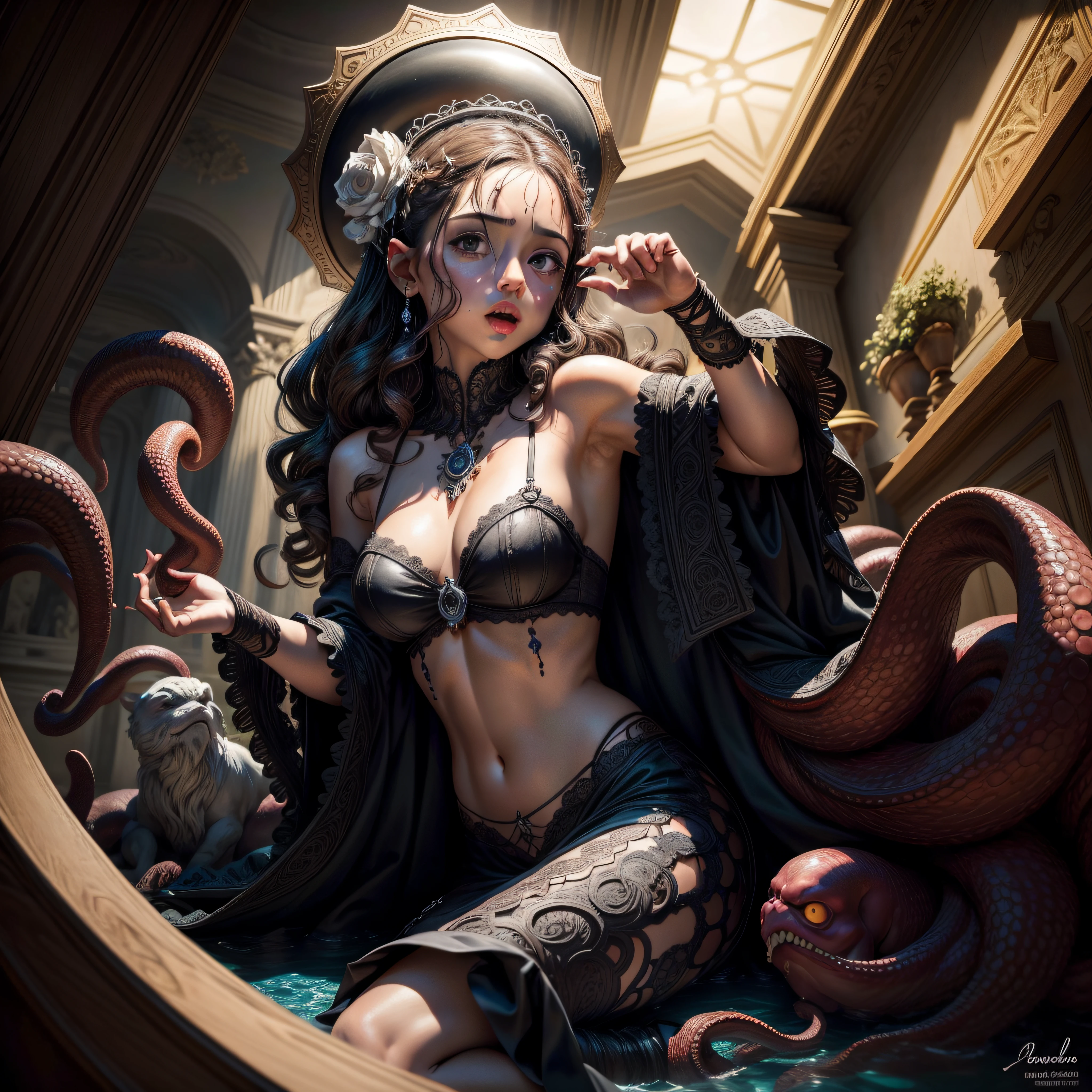 (extremadamente detallado, obra maestra, La mejor calidad), Estilo oscuro, intense illumination, rostro con arrugas, lengua larga, tentacle, deforme, monstruoso, interior de una piscina de agua verdosa, imagen submarina, alien con Colmillos finos, pico de pulpo amenazante. manchas de tinta. Rococo composition. Luz de caravaggio