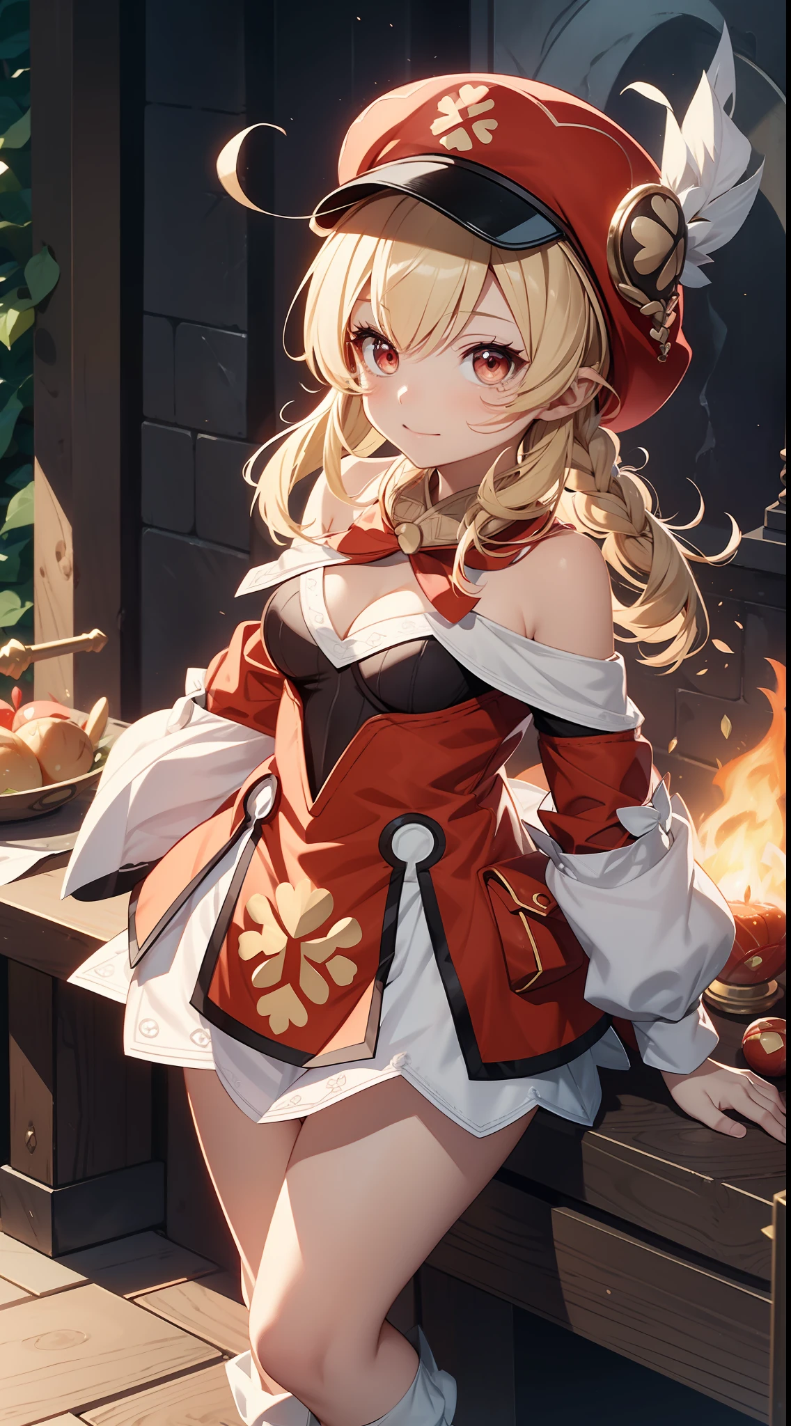 （8K，best qualtiy，tmasterpiece），Hyper-detailing，（highdetailskin），Birds in front of hats and wreaths, Loli, maplestory mouse, Splash art anime Loli, （Off-the-shoulder attire:1.5)，ssmile，Be red in the face，Women's sports，little breast，（cleavage:1.4)，bit girl, Red translucent eyes，Golden hair，Two small braids，Height 1.2m，Red clothes，Red Hat，small curvaceous loli, Pisif, zerochan art, Edelgard de Fire Emblem, from touhou, shirabii, shikishi, Official artwork, alchemist girl