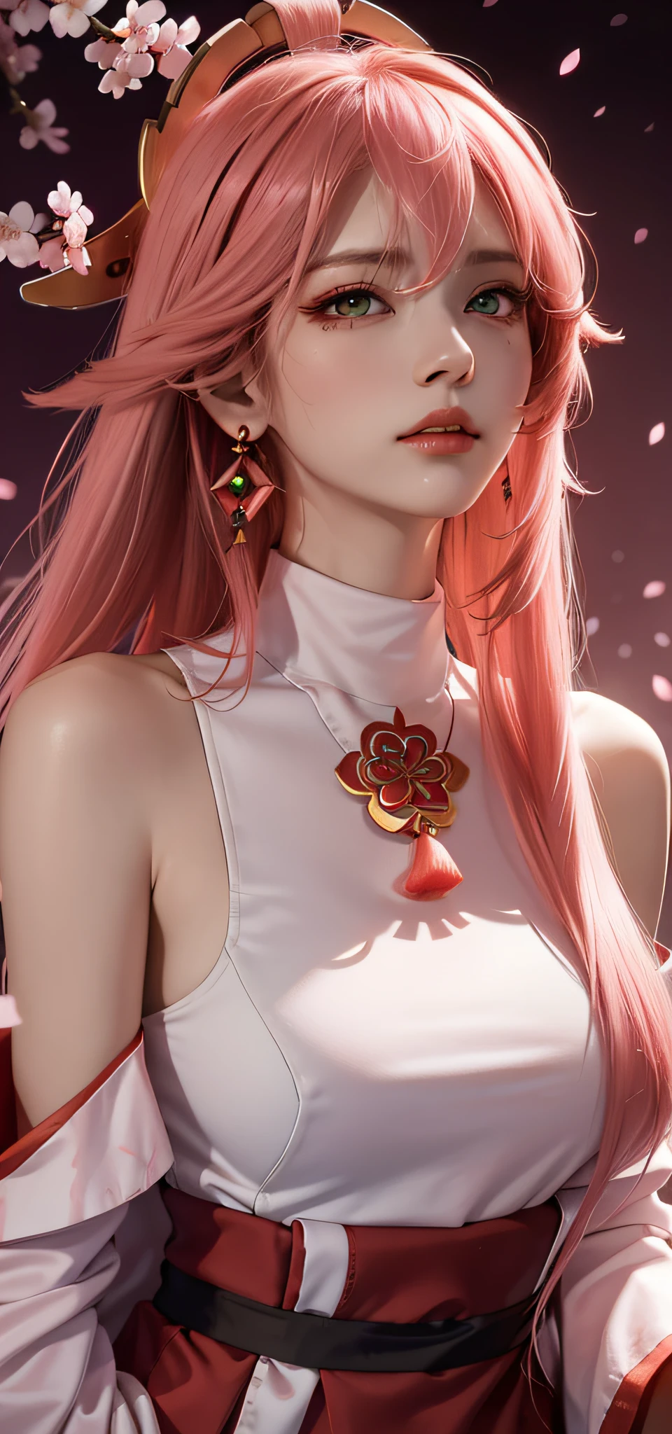 (Masterpiece, Excellent, 1girl, solo, complex details, color difference), realism, ((medium breath)), off-the-shoulders, big breasts, sexy, Yae Miko, long pink hair, red headdress, red highlight, hair above one eye, green eyes, earrings, sharp eyes, perfectly symmetrical figure, choker, neon shirt, open jacket, turtleneck sweater, against the wall, brick wall, graffiti, dim lighting, alley, looking at the audience, ((mean, seductive, charming)), ((cherry blossom background ))),((Japanese temple background)))), (((Glow-in-the-dark background)))