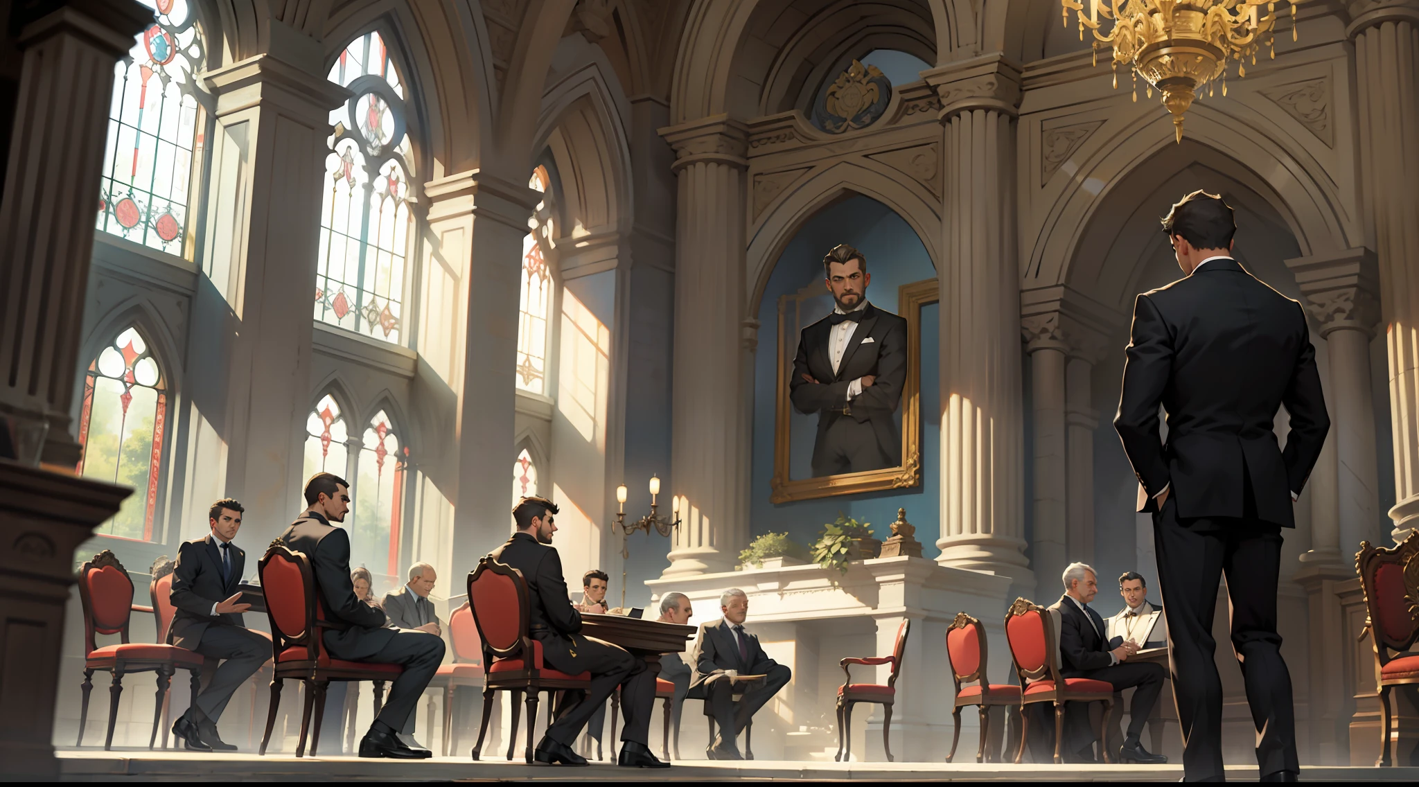 "Realistic, (masterpiece: 1.3), highly detailed men, wearing suits, standing inside a grand courtroom, expressing a sense of judgement, captured in a dynamic full body shot."