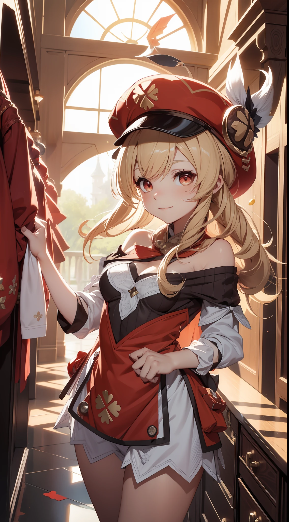 （8K，best qualtiy，tmasterpiece），Hyper-detailing，（highdetailskin），Birds in front of hats and wreaths, Loli, maplestory mouse, Splash art anime Loli, （Off-the-shoulder attire:1.5)，ssmile，Be red in the face，Women's sports，little breast，（cleavage:1.4)，bit girl, Red translucent eyes，Golden hair，Two small braids，Height 1.2m，Red clothes，Red Hat，small curvaceous loli, Pisif, zerochan art, Edelgard de Fire Emblem, from touhou, shirabii, shikishi, Official artwork, alchemist girl