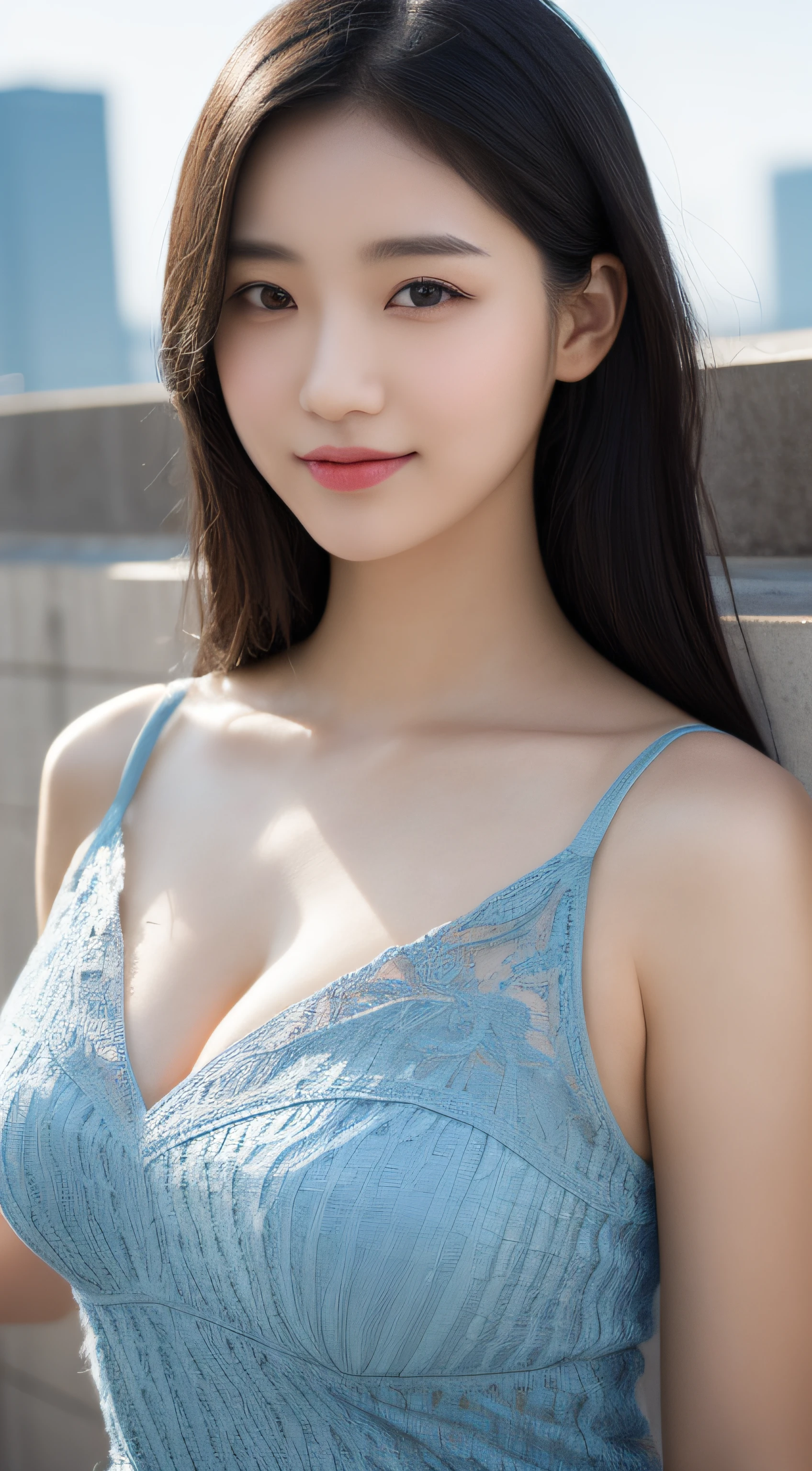 (Best quality, 8K, masterpiece:1.3)) , (one person: 1.4), 1girl, a Korean woman, a goddess, 25 years old, portrait photography, high contrast, God perspective, aperture F1.2, focal length 24mm, ( Full body: 1.2), smile, pose for photos, fine lace, slip dress, croptop dress, simple cut, long black hair, super detailed skin details, detailed fabric texture, high detailed rooftop background, big breasts