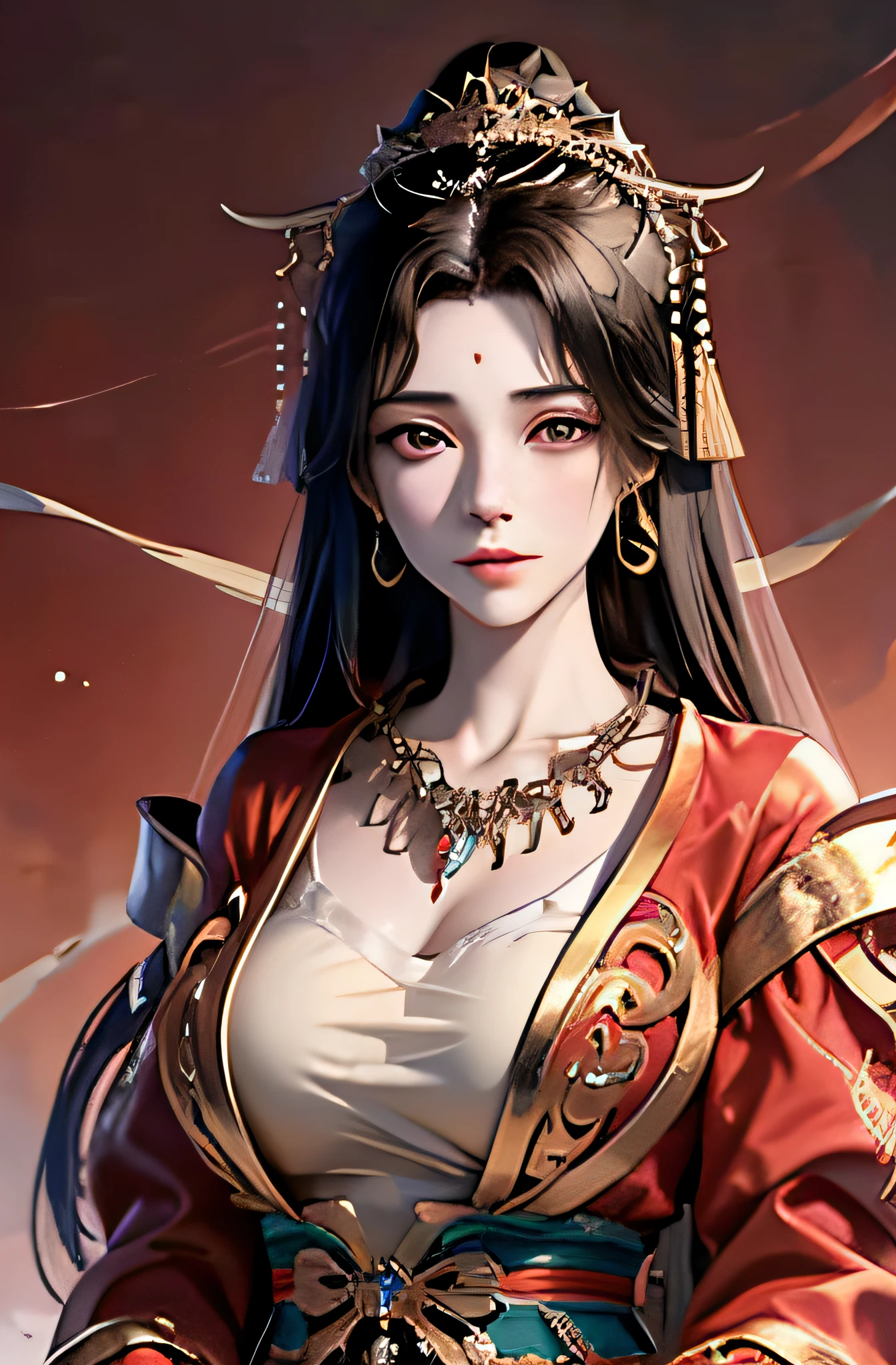 （tmasterpiece，top Quority，best qualtiy，offcial art，Beautiful and aesthetic：1.2），（1girll），Extremely detailed，Colorful，highestdetailed，offcial art，统一 8k 壁纸，ultra - detailed，Beautiful and aesthetic，big breasts beautiful，tmasterpiece，best qualtiy, long whitr hair，（a color），Ancient Chinese clothes，Western Regions clothing，gossamer，gold chains，red color Hanfu，Phnom Penh embroidery, (zentangle, mandalas, tangled, entangle) , Yuechan_Wedding_lothes,