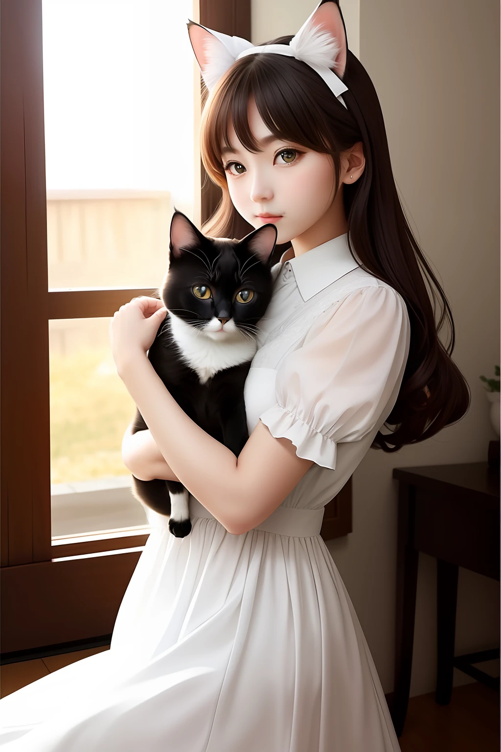 (Beautiful cat embraced by a cute girl、8k、top-quality、​masterpiece、Very beautiful eyes、Fantastic clothes、女の子1人
