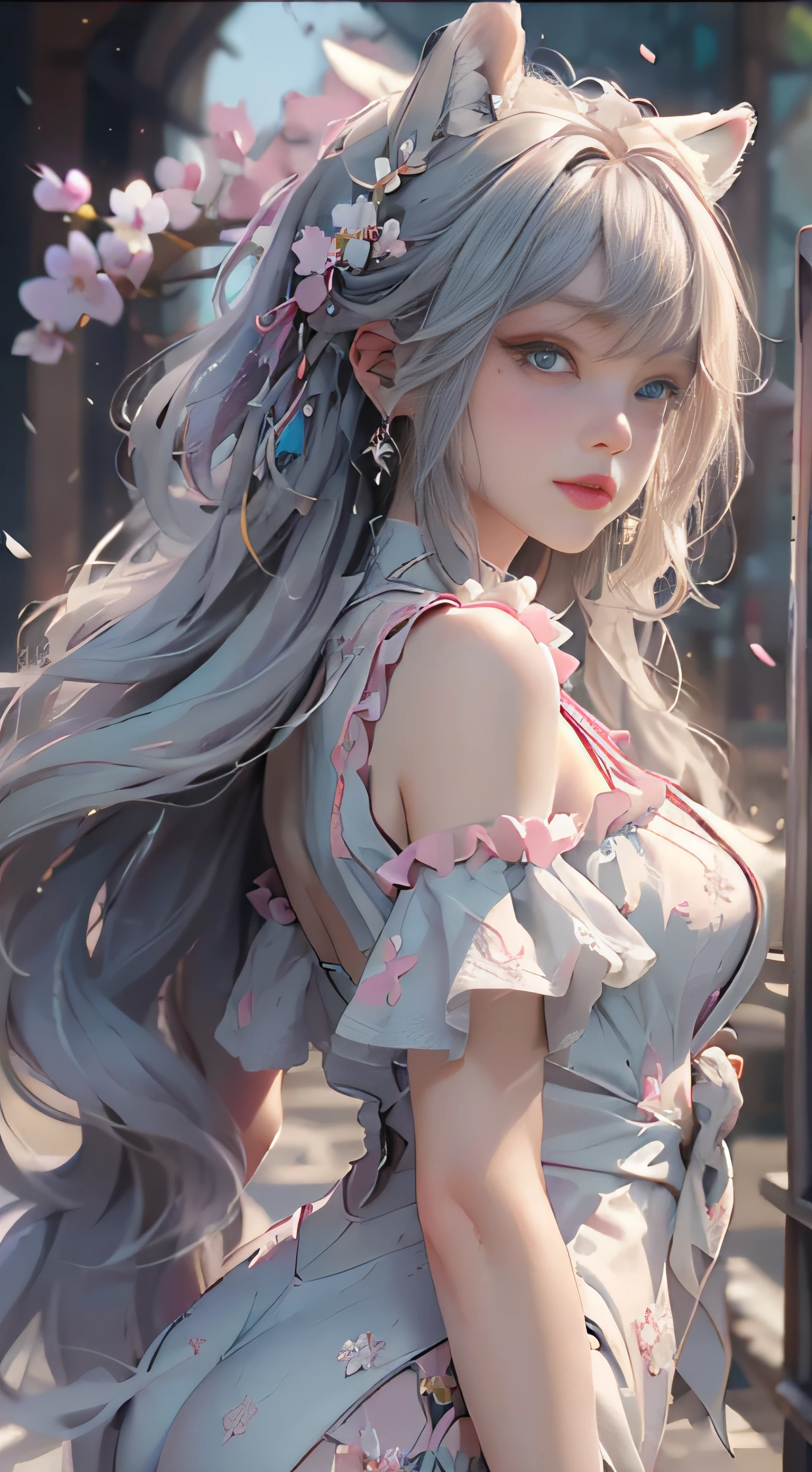 ((best qualtiy)), ((tmasterpiece)), (detail:1.4), Beautiful cyberpunk female images,hdr(HighDynamicRange),Ray traching,NVIDIA RTX,Hyper-Resolution,illusory 5,sub surface scattering,PBR textures,post-proces,Anisotropy Filtering,depth of fields,maximum definition and sharpness,Many-Layer Textures,Albedo e mapas Speculares,Surface coloring,Mitsu-Accurate simulation of material interactions,perfectly proportioned,rendering by octane,Two-colored light,largeaperture,Low ISO,White balance,Rule three points、8K raw data、Beautiful bright blue pupils,off-the-shoulder clothes,Fine pupils,Delicate face and eyes,long eyelasher,Blushlush,Delicate and fluffy hair,pink lip,Pure,Cute face,Sweet girl,Artistic sense,Casual wear,Advancedsense,butterflys,Cherry blossom petal,Beautiful hair accessories,Long hair and waist,Hair fluttering in the wind,Snow-white fox ears,curlies,Snow-white fluffy tail,Positive light,The light from the back window is backlighted