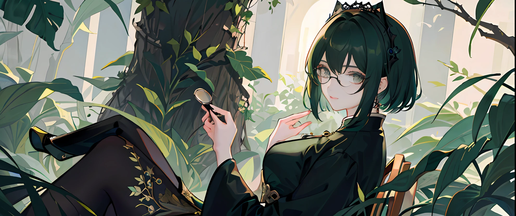 (Masterpiece, side-lighting, Ultra-detailed, fine detailed beautiful eyes: 1.2), 1girll，nightcity，Sateen，Dark green hair，short detailed hair，Black eyes，Chinese outfit，eye glass,Indifferent expression，