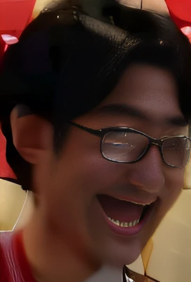 Smiling asian man with glasses and red and green shirt, Akira Toriyama 📹, mutahar laughing, kentaro, Laughing, smileing nright, Very excited, mad smile, he is smiling, inio asano, yasumoto oka, [[[[grinning evily]]]], very very low quality