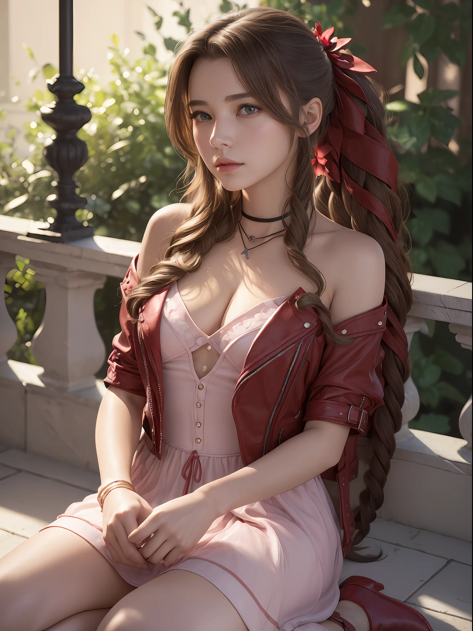 (masterpiece, best quality:1.4), (future days), (wide shot), (front shot), (1girl), solo, looking at viewer, (european youth:1), aerith gainsborough, choker, cropped jacket, hair bow, bracelet, pink dress, brown boots, very long hair, hair ribbons, hair flowers, strapless red dress, high heels hyperrealistic, high detailed skin, dslr, soft lighting, high quality, highly detailed face, highly detailed skin, skin pores, subsurface scattering, realistic pupils, medium breast, full face blush, full lips, detailed background, depth of field, volumetric lighting, sharp focus, absurdres, realistic proportions, good anatomy, (realistic, hyperrealistic:1.4), 16k hdr,