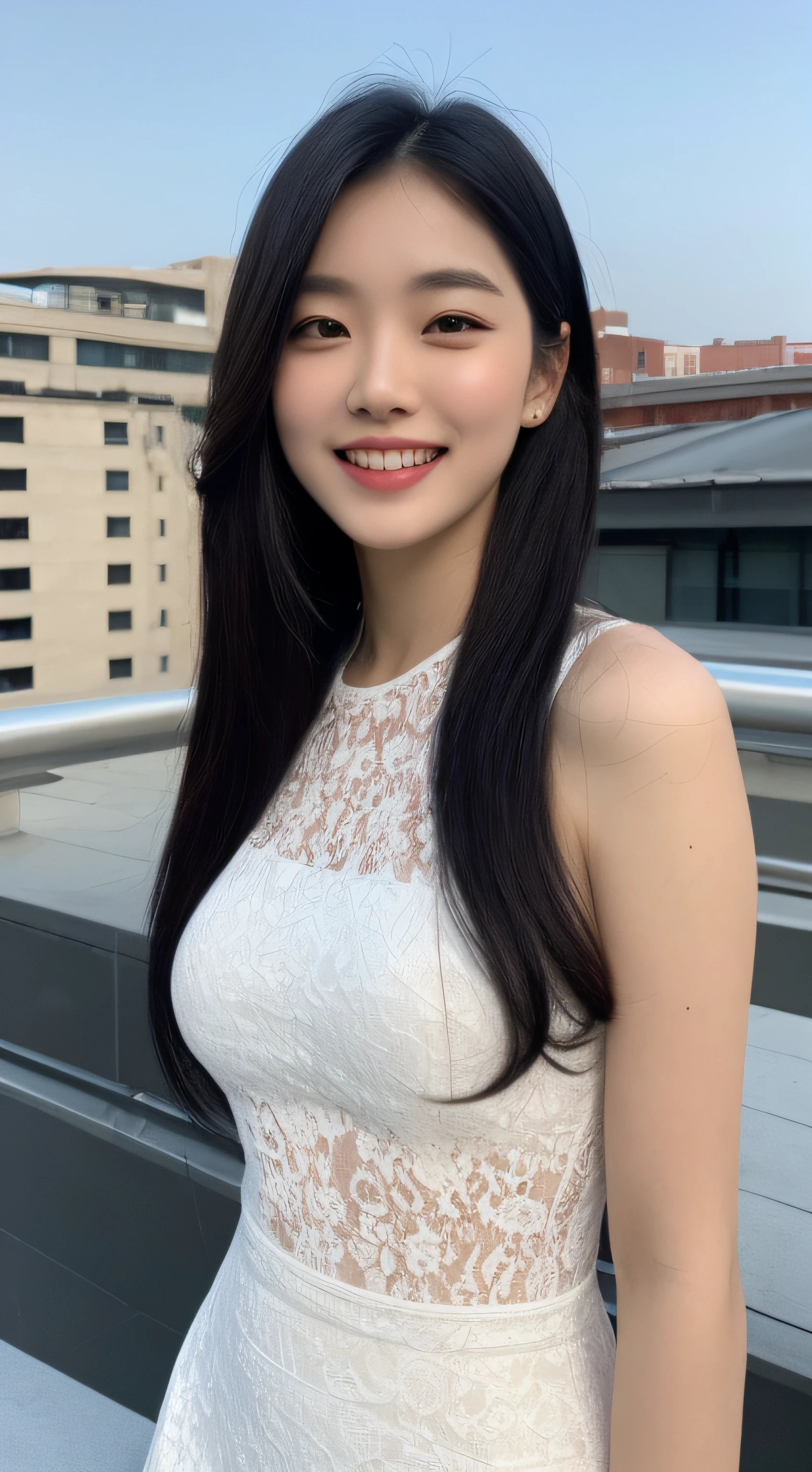 (Best quality, 8K, masterpiece:1.3)) , (one person: 1.4), 1girl, a Korean woman, a goddess, 25 years old, portrait photography, high contrast, God perspective, aperture F1.2, focal length 24mm, ( Full body: 1.2), smile, pose for photos, fine lace, slip dress, croptop dress, simple cut, long black hair, super detailed skin details, detailed fabric texture, high detailed rooftop background, big breasts