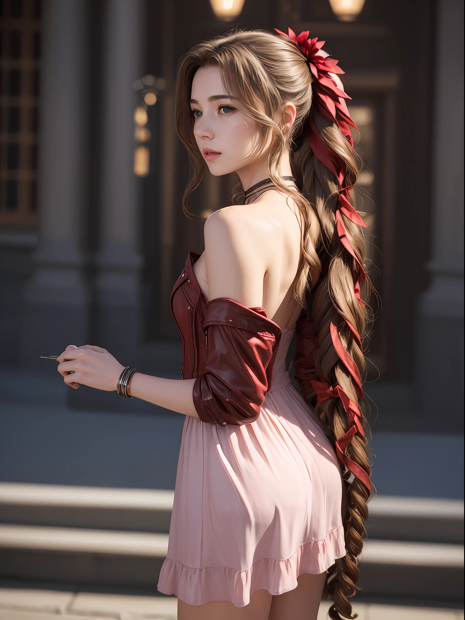 (masterpiece, best quality:1.4), (future days), (from back), (1girl), solo, (european youth:1), aerith gainsborough, choker, cropped jacket, hair bow, bracelet, pink dress, brown boots, very long hair, hair ribbons, hair flowers, strapless red dress, high heels hyperrealistic, high detailed skin, dslr, soft lighting, high quality, highly detailed face, highly detailed skin, skin pores, subsurface scattering, realistic pupils, medium breast, full face blush, full lips, detailed background, depth of field, volumetric lighting, sharp focus, absurdres, realistic proportions, good anatomy, (realistic, hyperrealistic:1.4), 16k hdr,