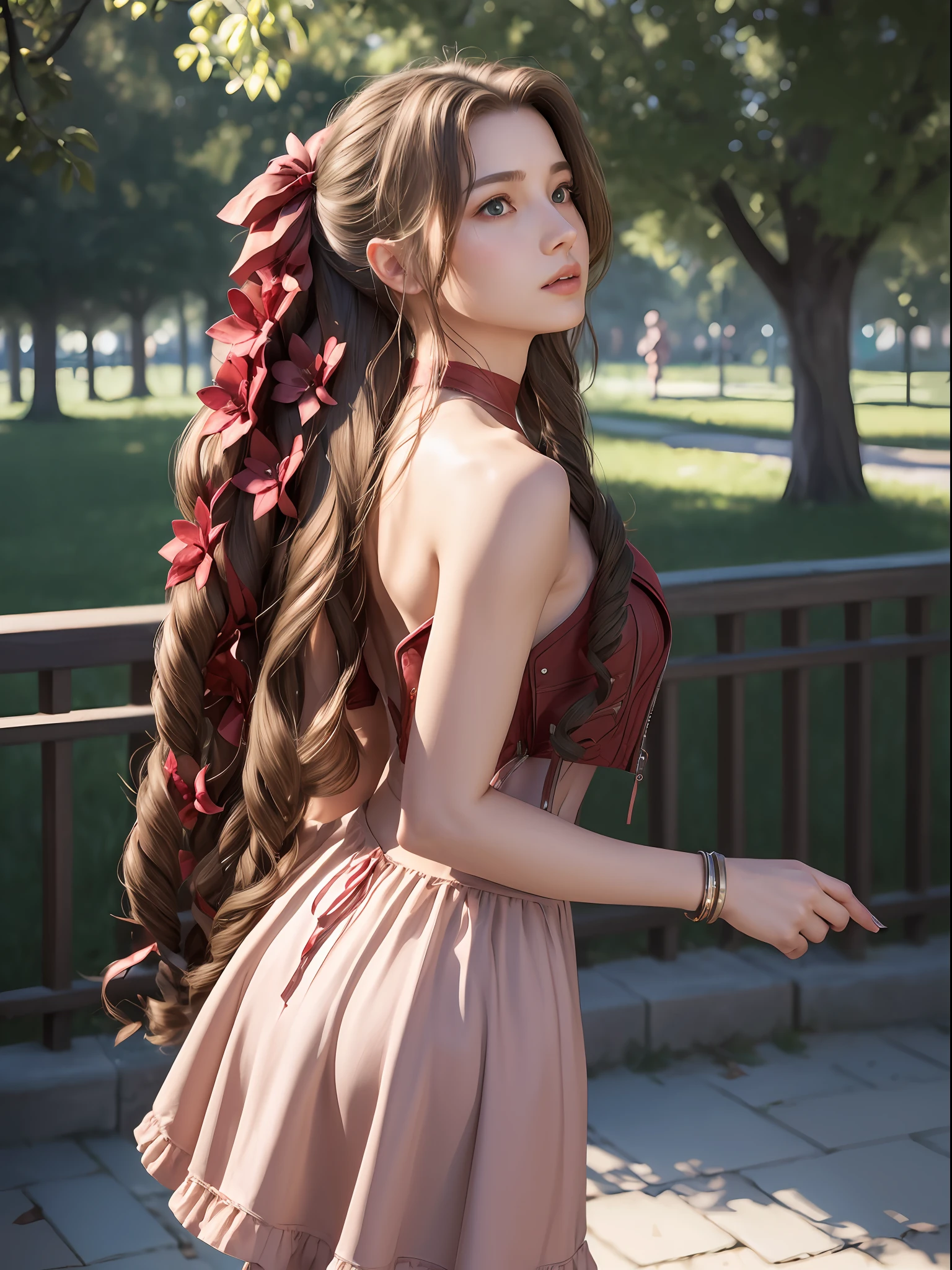 (masterpiece, best quality:1.4), (future days), (from back), (1girl), solo, (european youth:1), aerith gainsborough, choker, cropped jacket, hair bow, bracelet, pink dress, brown boots, very long hair, hair ribbons, hair flowers, strapless red dress, high heels hyperrealistic, high detailed skin, dslr, soft lighting, high quality, highly detailed face, highly detailed skin, skin pores, subsurface scattering, realistic pupils, medium breast, full face blush, full lips, detailed background, depth of field, volumetric lighting, sharp focus, absurdres, realistic proportions, good anatomy, (realistic, hyperrealistic:1.4), 16k hdr,