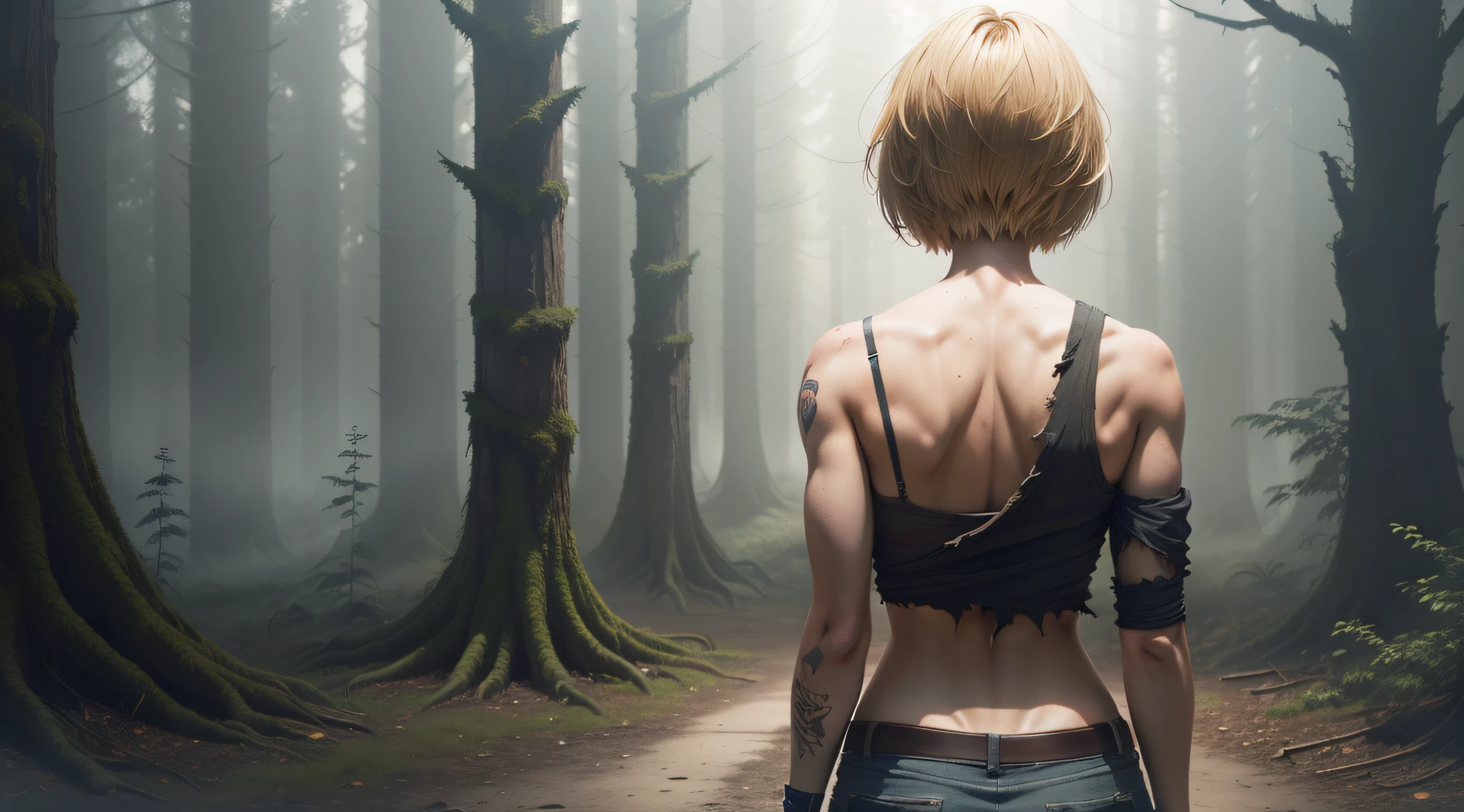 a terrible woman in a torn T-shirt in the distance, tearing off one sleeve, in full growth, standing with her back, short blond hair, hyperrealism, Silent Hill style, a dark terrible forest in the background.