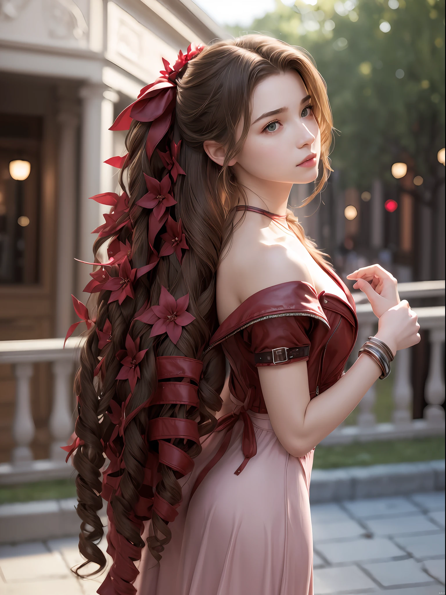 (masterpiece, best quality:1.4), (future days), (from back), (1girl), solo, (european youth:1), aerith gainsborough, choker, cropped jacket, hair bow, bracelet, pink dress, brown boots, very long hair, hair ribbons, hair flowers, strapless red dress, high heels hyperrealistic, high detailed skin, dslr, soft lighting, high quality, highly detailed face, highly detailed skin, skin pores, subsurface scattering, realistic pupils, medium breast, full face blush, full lips, detailed background, depth of field, volumetric lighting, sharp focus, absurdres, realistic proportions, good anatomy, (realistic, hyperrealistic:1.4), 16k hdr,