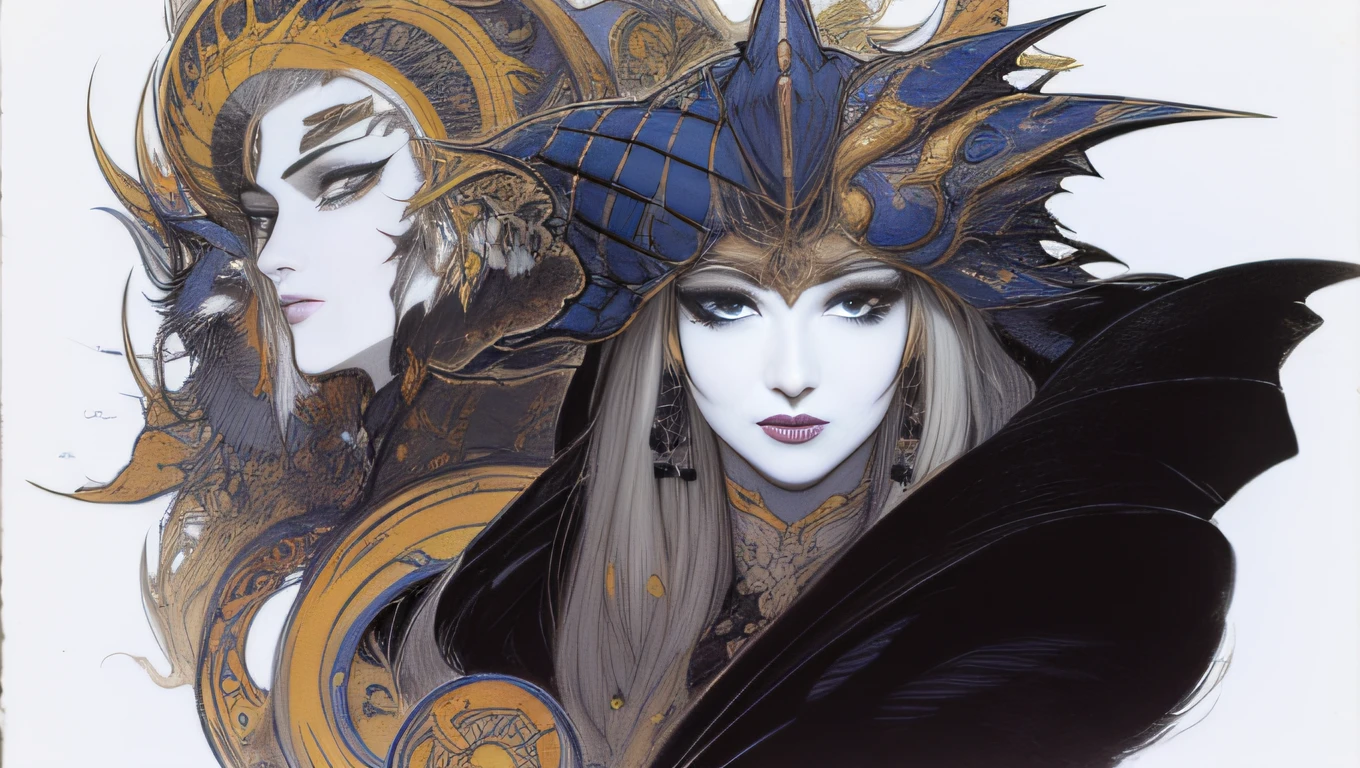 Black Knight、White background、line-drawing、pale color、holding swords、Fantastical、woman 1、Black leopard、The dragon、by mucha、de pele branca、Hollow eyes、rough sketch、coarser line、painterly、Lively poses、Beautiful black cloak、Dracula