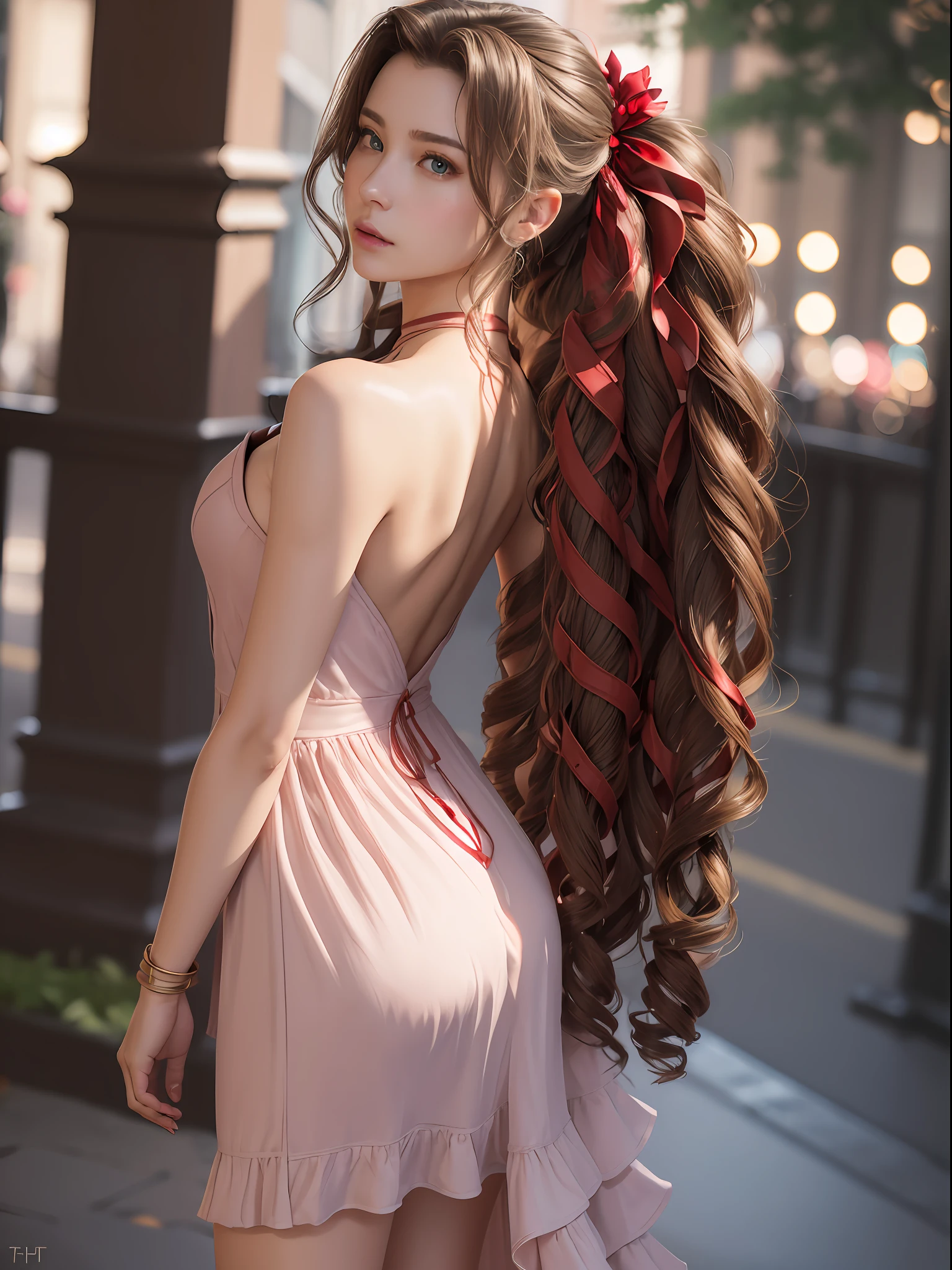 (masterpiece, best quality:1.4), (future days), (from back), (1girl), solo, (european youth:1), aerith gainsborough, choker, cropped jacket, hair bow, bracelet, pink dress, brown boots, very long hair, hair ribbons, hair flowers, strapless red dress, high heels hyperrealistic, high detailed skin, dslr, soft lighting, high quality, highly detailed face, highly detailed skin, skin pores, subsurface scattering, realistic pupils, medium breast, full face blush, full lips, detailed background, depth of field, volumetric lighting, sharp focus, absurdres, realistic proportions, good anatomy, (realistic, hyperrealistic:1.4), 16k hdr,