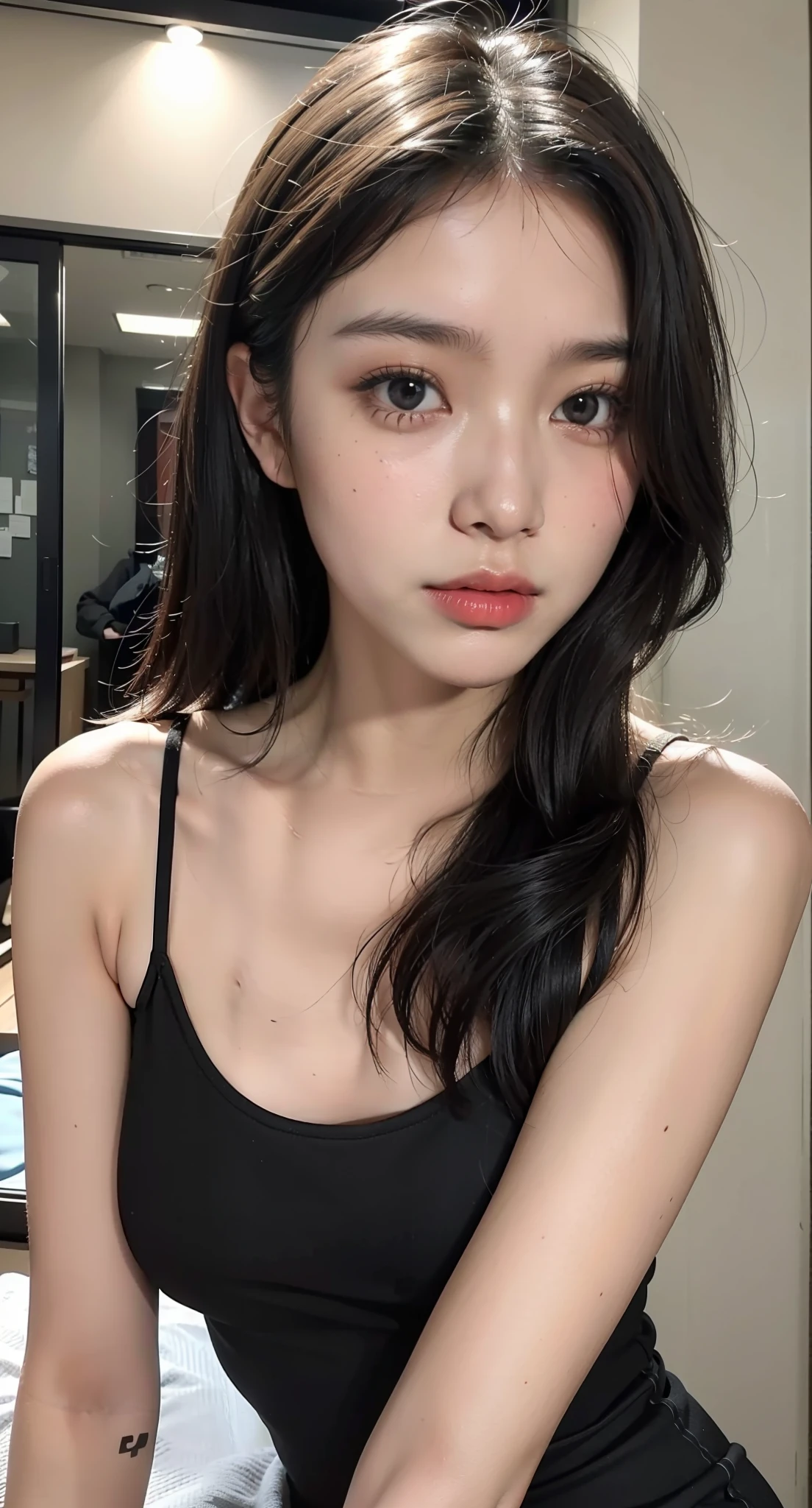 1girl, solo, colourful, realistic skin, charming eyes, (18 age years old:1.2), student, beautiful, cute,  (perfect body:1.2), (realistic anatomy:1.2), japanese idol, (kpop idol:1.2), (fluffy and sexy short hair:1.1), Portrait, realistic photo, RAW photo, 4k, Fujiflim, film grain, (Cinematic Lighting:1.4), ray tracing, (perfect pose:1.2), hyper detail, finely detailed, intricate details, dolby vision, pose