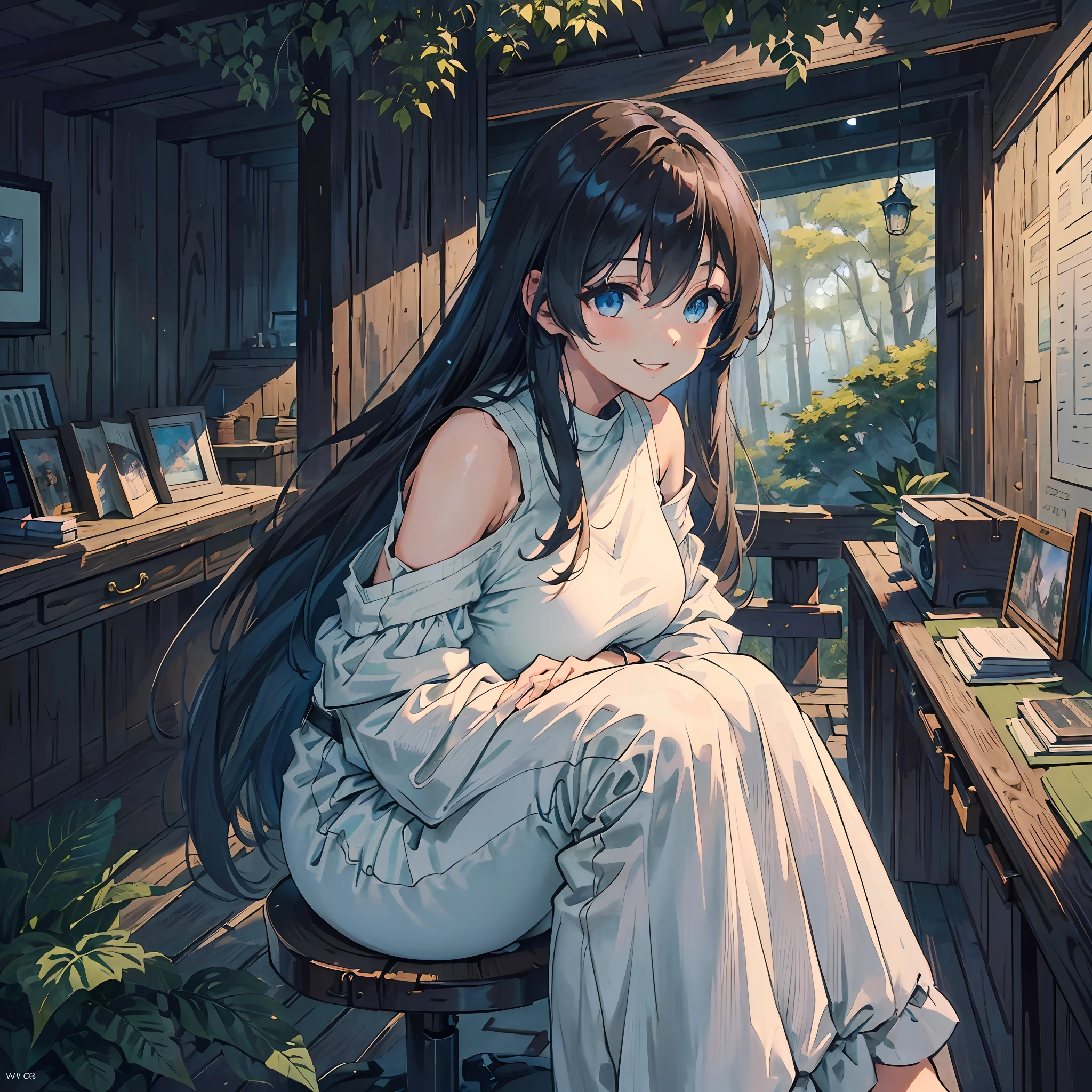 pretty girl sitting , (1girl in:1.3), Bangs, absurderes, Bracelet, Bare shoulder, ( black t-shirts + White jeans),ultra-detailliert, Blue eyes,slender, masterful technique, Long hair, animetic, Solo, Dark hair, High quality, masutepiece,detailed dimly lit forest、starry sky、myst、(Lovely Big Breasts + wide-hips),[wide-hips] Put your hands in your pockets ,Smile with teeth, ((Smile with eyes, winc)),Beautiful Girl, Detail Face, detail hands, ultra detail eyes,sexy facial expression,vivid flowers.