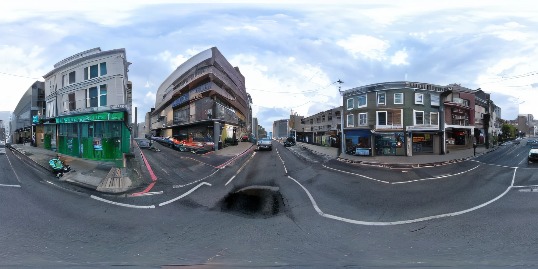 arafed view of a street with a car and a building, 3 6 0 panorama, 10mm fisheye, 3 6 0 picture, street view, streetview, cinemascope panorama, panorama shot, panoramic anamorphic, 3 6 0 render panorama, 360 monoscopic equirectangular, google street view, street level view, wide angle shot. Rebuid this place as if Norman Foster would do