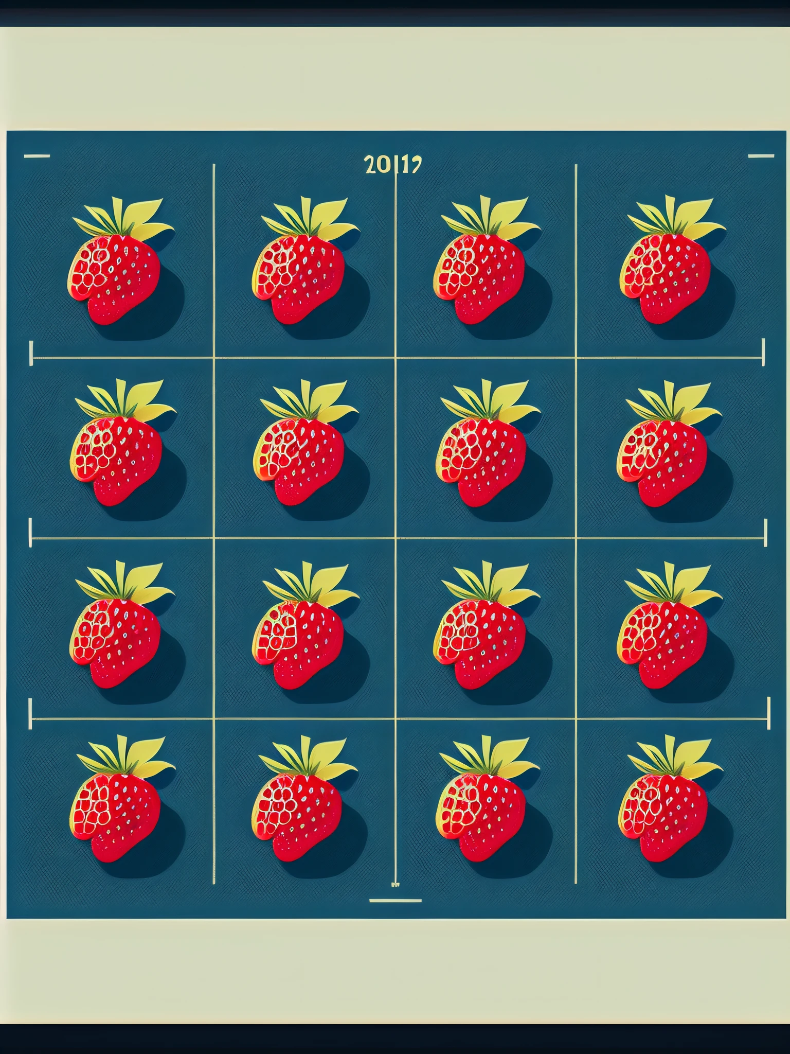 PrintDesign Style, there are many strawberries arranged in a grid on a blue background, fight with strawberries, strawberries, strawberry fields forever, strawberry