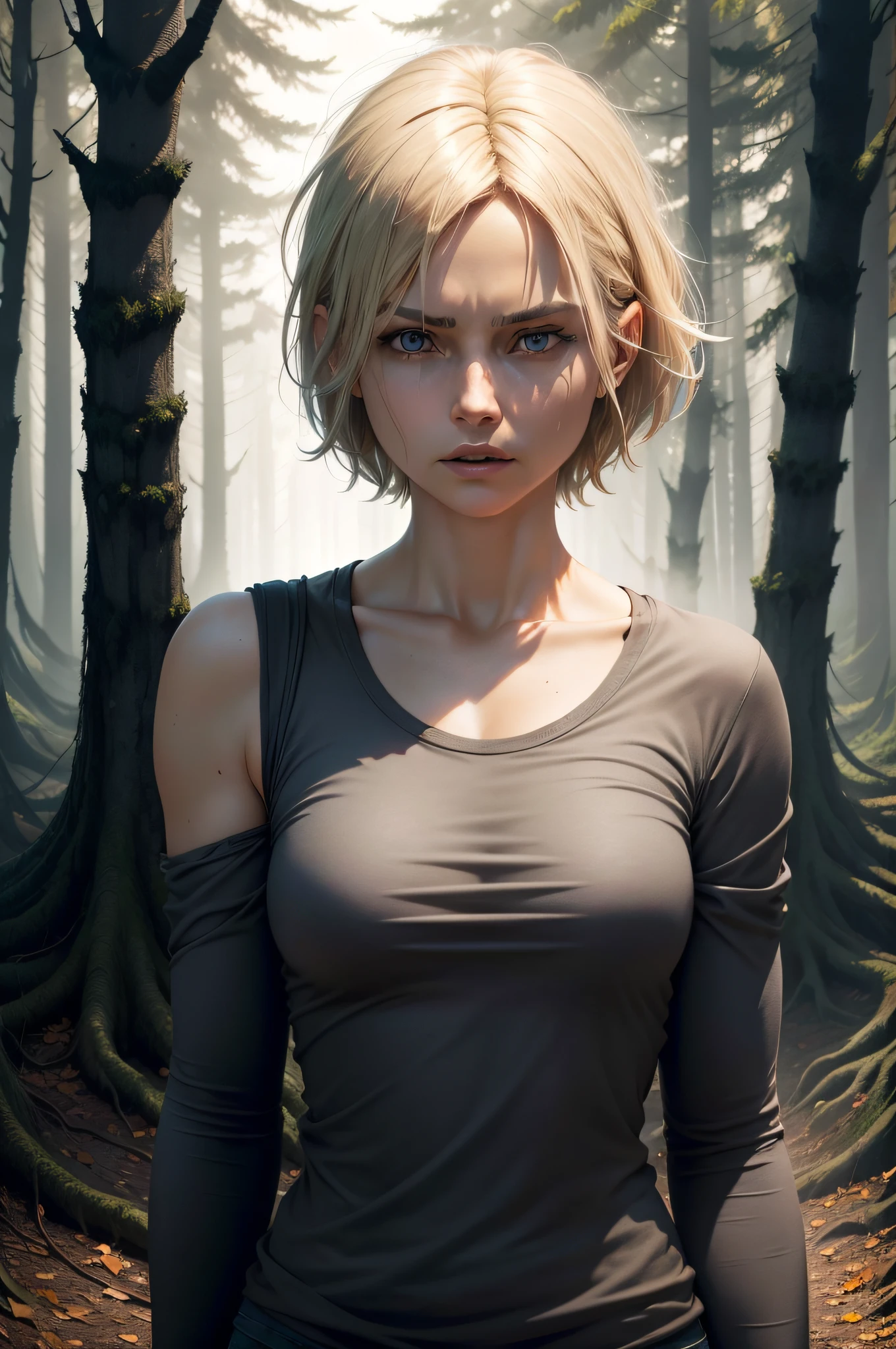 a scary woman in a torn gray T-shirt in the distance, one sleeve is torn off, in full growth, short blond hair, hyperrealism, Silent Hill style, a dark terrifying forest on the back plane.